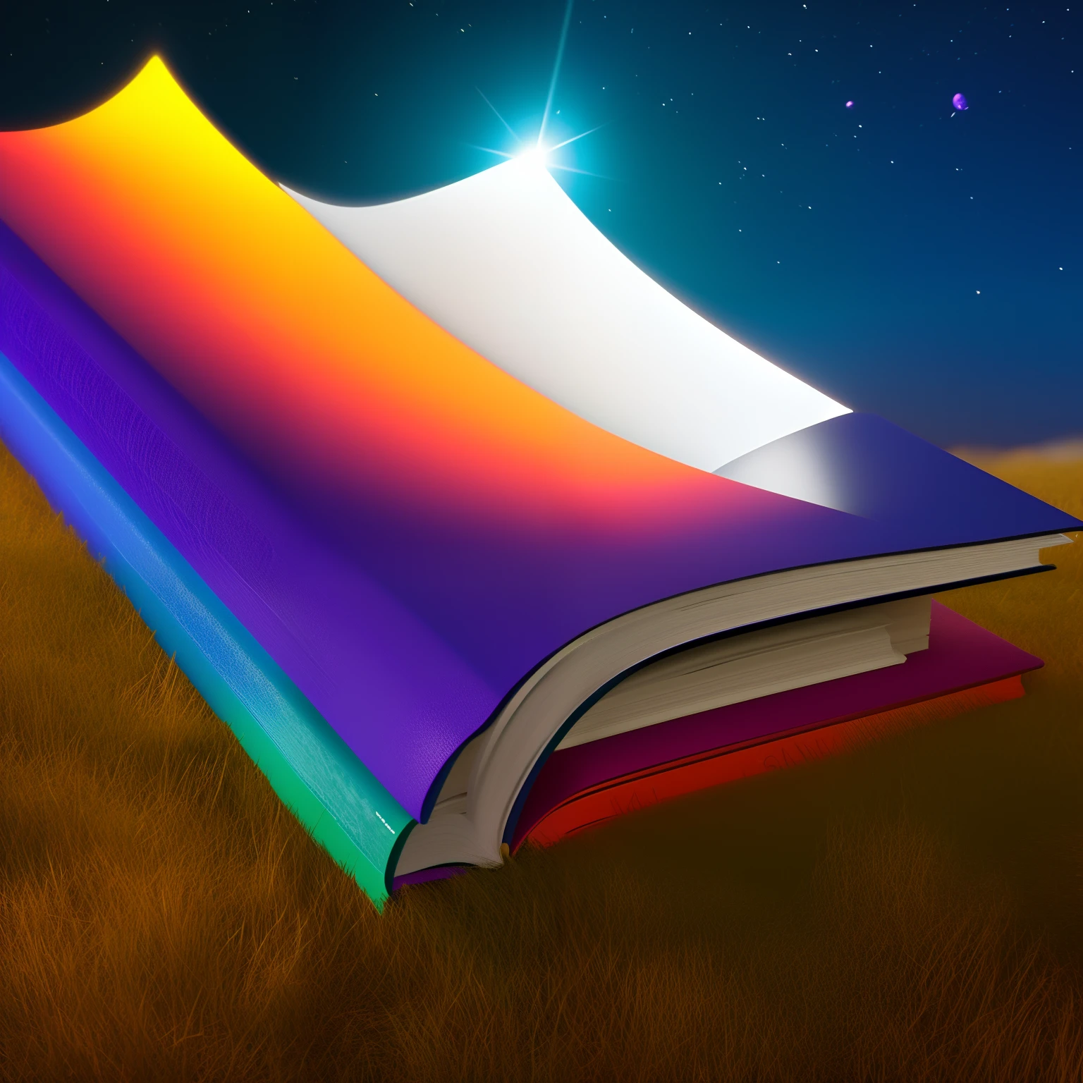 a book, open book, colorful pages, vibrant colors, simple hand-drawn, eye-catching book, centered, beautiful night sky background