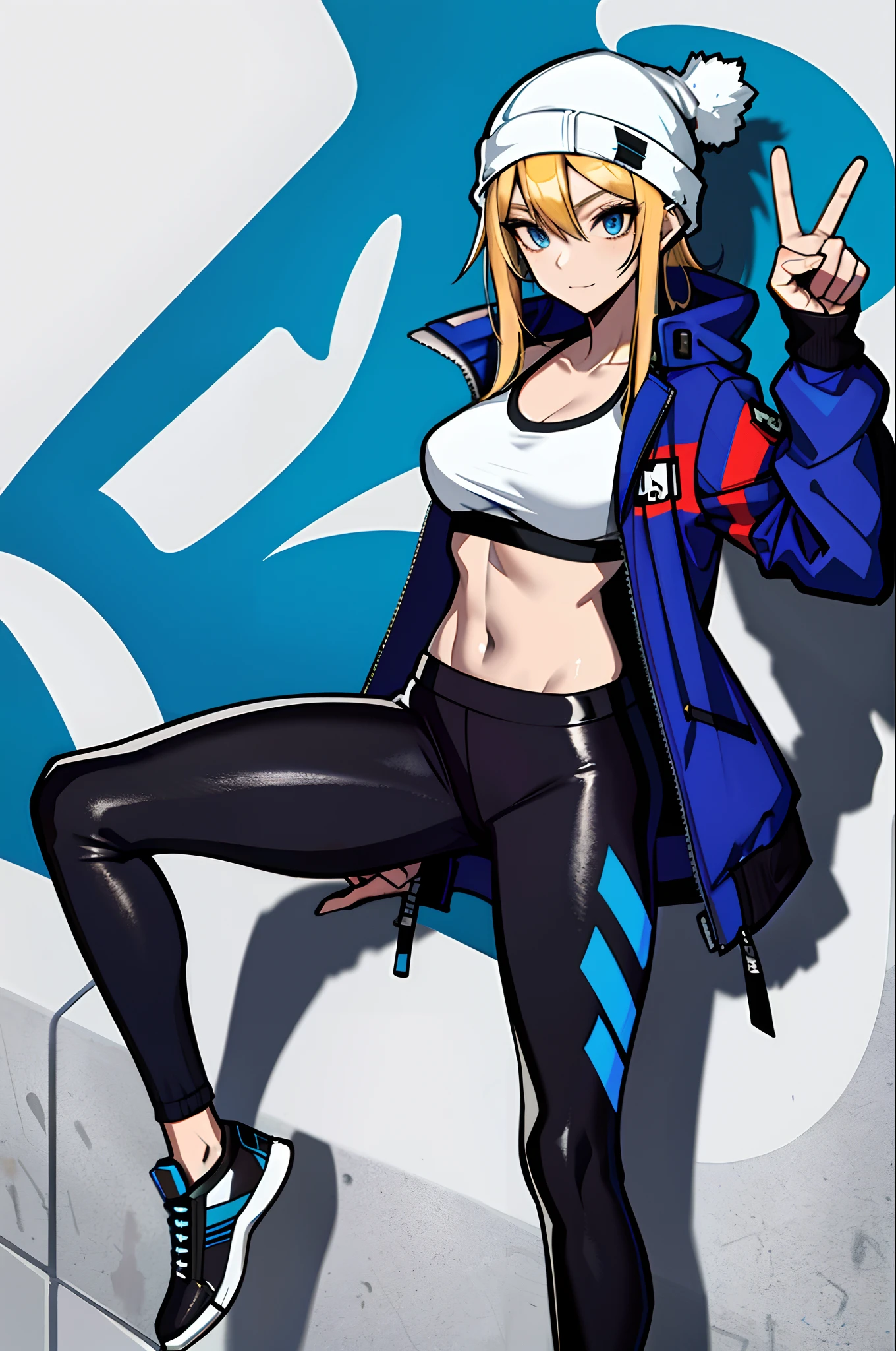 (masterpiece:1.2, best quality), (graffiti wall:1.15), 1lady, beanie, jacket, Leggings, blue eyes, fullbody,
