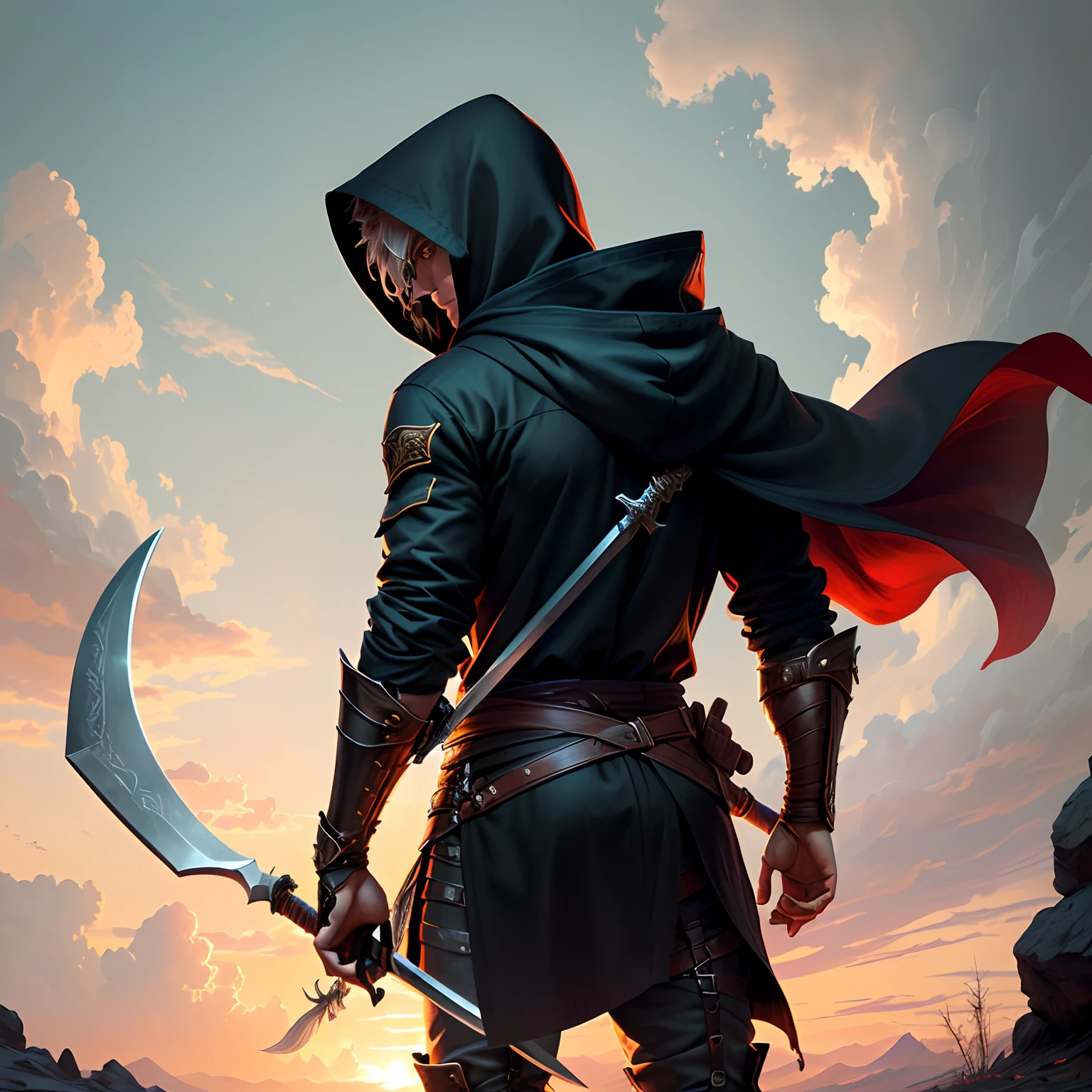 Create a hero who hunts gods, He has a scythe on his back and swords at his waist, The hero is in black clothes and a hood with red details
