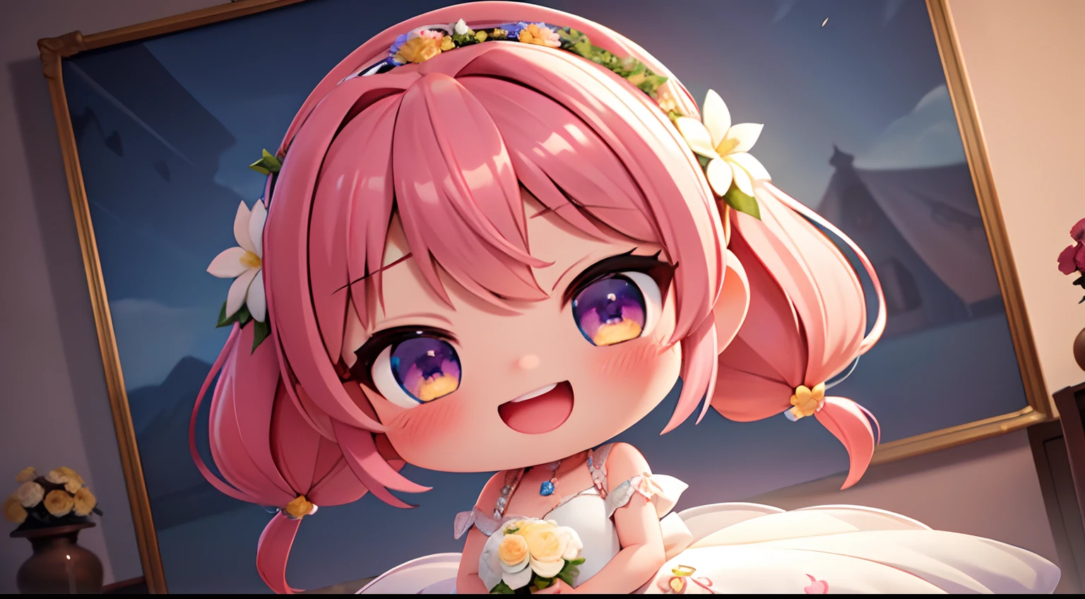 photoRealstic、Nendroids in wedding dress standing in front of the painting、heart pattern in eyes、Open mouth and big smile、watercolor Nendoroid、(High Definition Figure)、Flowing iridescent silk、up of face、Eye Up、Floral dress、There are also flowers in front of the nendroids、flower petals、season!!: 夏天☀ 🍂