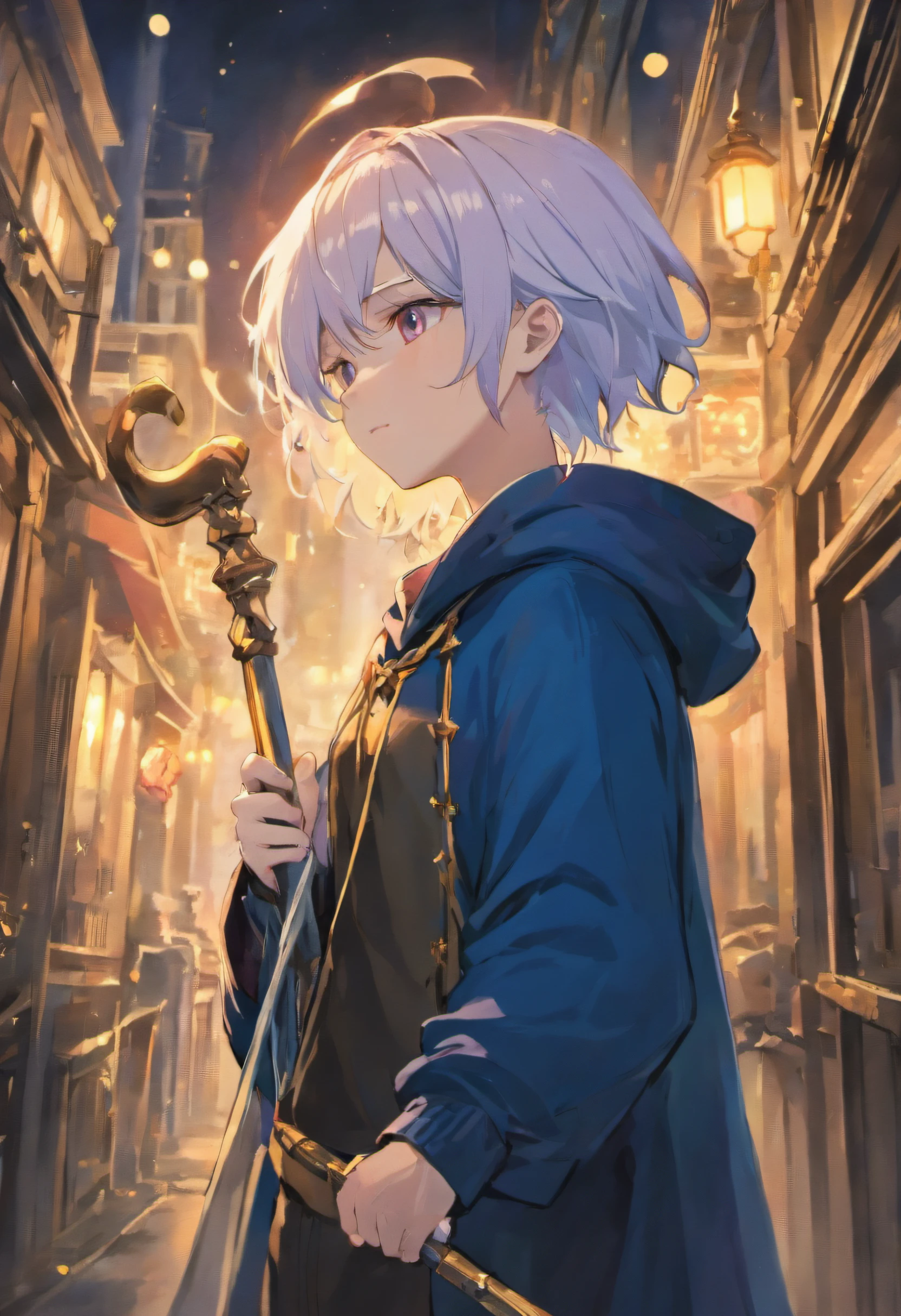 White hair, undercut hair, gold eyes, 18 years old, boy, dark navy cloak, purple long sleeve underneath, blue navy pants, male, small smile, anime, holding a long cane that doubles as a walking stick. Its handle is embellished with a floral pattern and features a large knuckle guard that reaches down the bottom of the handle. In the balcony in the middle of the night looking up at the sky, side camera.