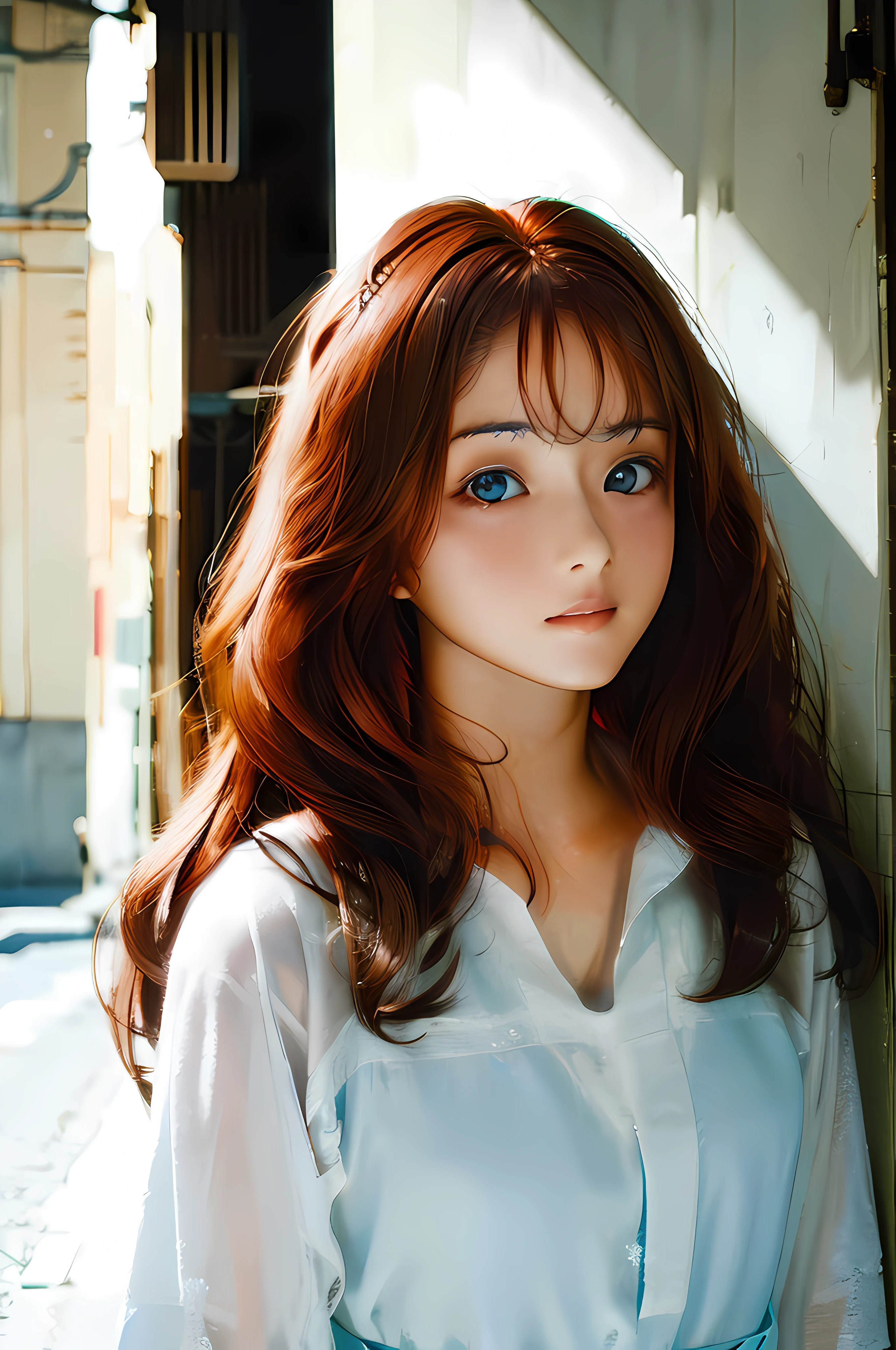 Teenage Girl with Long Curly Red Hair, blue Eyes, Light Makeup – Wearing a White Linen riot dress – Posing in shadow – Soft Lens, Photorealistic Portrait