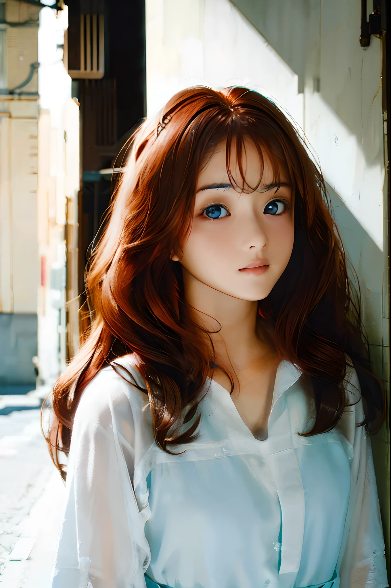 age Girl with Long Curly Red Hair, blue Eyes, Light Makeup – Wearing a White Linen riot dress – Posing in shadow – Soft Lens, Photorealistic Portrait