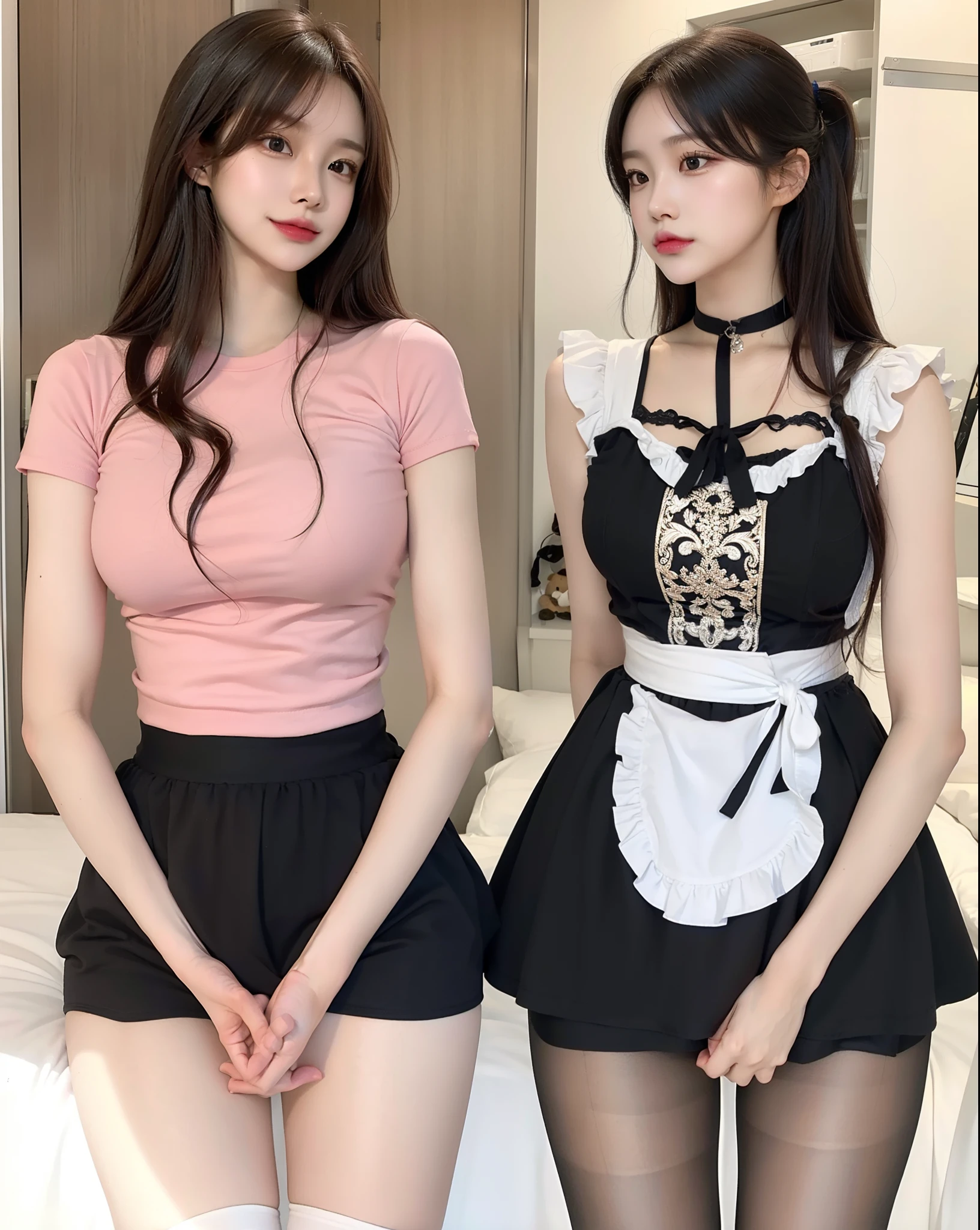 (8k, RAW photos, top quality, masterpiece: 1.2), (realistic, photorealistic: 1.37), (High Quality), (Ultra realistic), (High Details), (Face detail), (Shadow Detail), ((gigantic huge bresat : 1.5)), 2 girl, (left girl, brown hair, pink shirt, black short skirt), (right girl, black hair, black maid clothes, black stock)