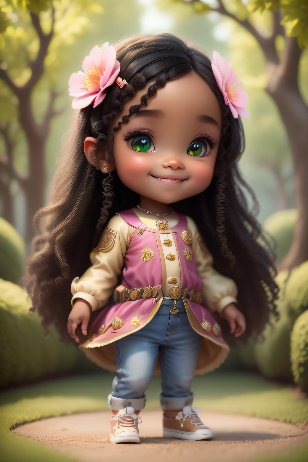 chibi 1 African children dark brown skin:5, cute smile, dancing ((full body))) "(playing drums)" realistic shadows, sparkling eyes, detailed skin, slightly glowing light green eyes, pose for photo, long black hair and curly, flowers in hair, rapunzel style, very detailed, highly detailed 8k face, perfect face shape, perfect full lips, perfect nose, beautiful and correct eyes, observant, wedding dress: 3.45, hair flowers, artwork raw, best quality, single, jeans, alone, advanced chibi