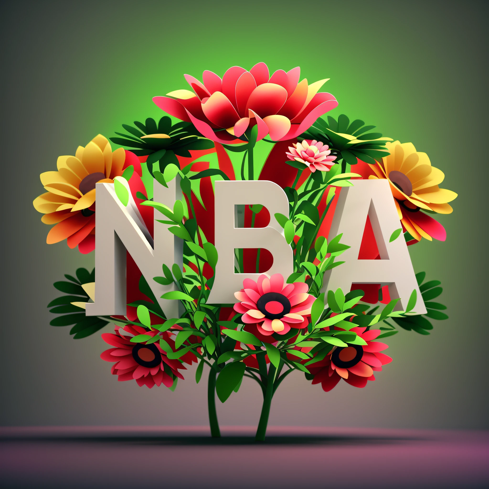 There is a picture of a flower arrangement,It says the word NEA, NBA logo, nba finals, NBA, nba finals, author:Nikita Viprikov, Rendered in Cinema4D, rendered in cinema 4 d, 3 D 徽标, in the art style of filip hodas, made of flowers, NBA 2 K 2 1, cinema 4 d art