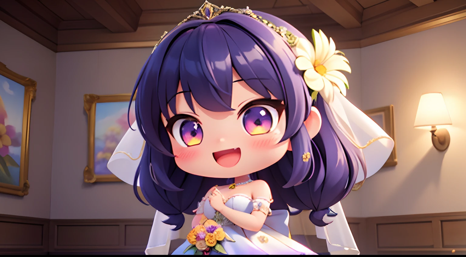 photoRealstic、Nendroids in wedding dress standing in front of the painting、heart pattern in eyes、Open mouth and big smile、watercolor Nendoroid、(High Definition Figure)、Flowing iridescent silk、up of face、Eye Up、Floral dress、There are also flowers in front of the nendroids、flower petals、season!!: 夏天☀ 🍂