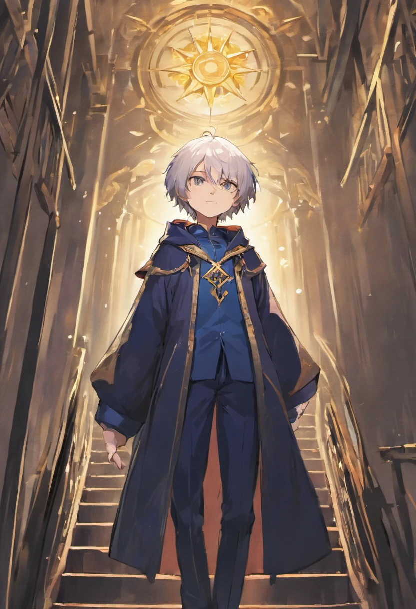 White hair, undercut hair, gold eyes, 18 years old, boy, dark navy cloak, purple long sleeve underneath, blue navy pants, male, small smile, anime, holding a long cane that doubles as a walking stick. Its handle is embellished with a floral pattern and features a large knuckle guard that reaches down the bottom of the handle. In the balcony in the middle of the night looking up at the sky, side camera.