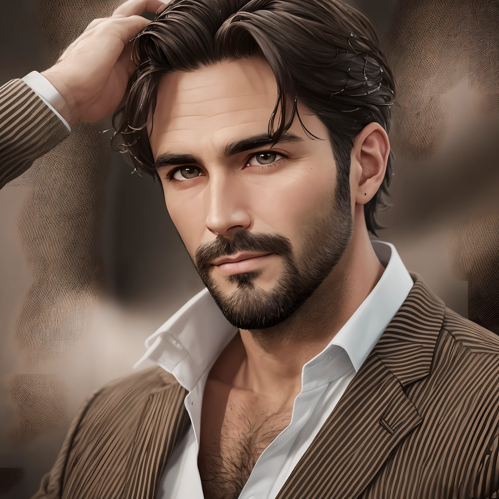 38 year old man, with some grey hairs, close up face, dark brown short hair, full shaved beard, a cosmopolitan and gentleman style, with dark brown eyes, wet look style, eyes look sharply and firm, 512k quality, super realistic photo --auto --s2