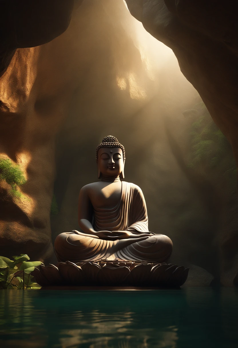 (best quality, highres, ultra-detailed), surrealism, 3D rendering, realistic texture, Buddha statue in a cave, harmoniously integrated with nature, cinematic lighting, lifelike skin texture, depth and dimension, divine aura, serene atmosphere