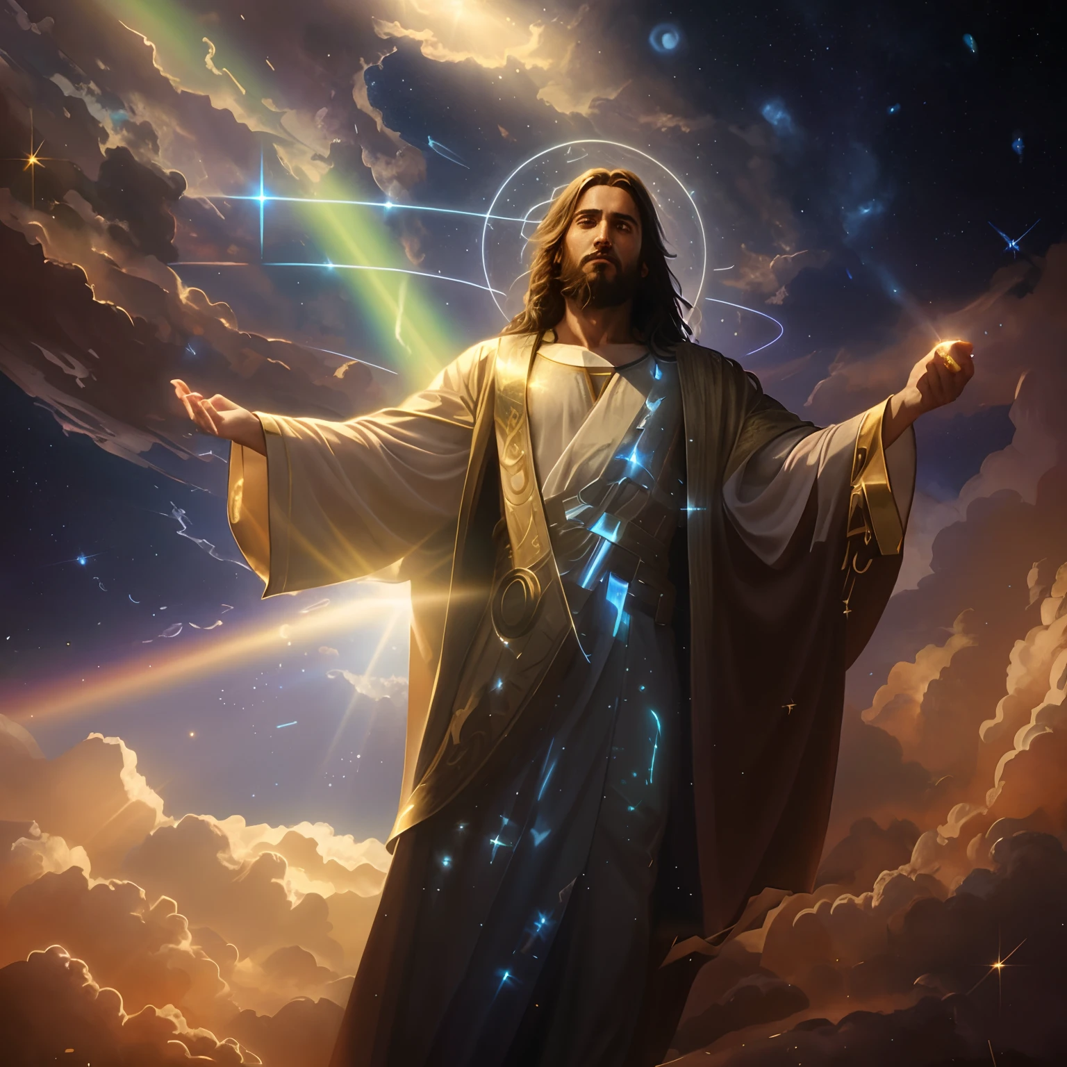 jesus holding a glowing star in his hand in the sky, concept art of god, jesus christ in mass effect, cyberpunk jesus christ, young almighty god, jesus christ, by Justin Gerard, holy sacred light rays, glowing god rays, 4k highly detailed digital art, by Alexander Kucharsky, on cosmic cloudscape, beeple and jeremiah ketner