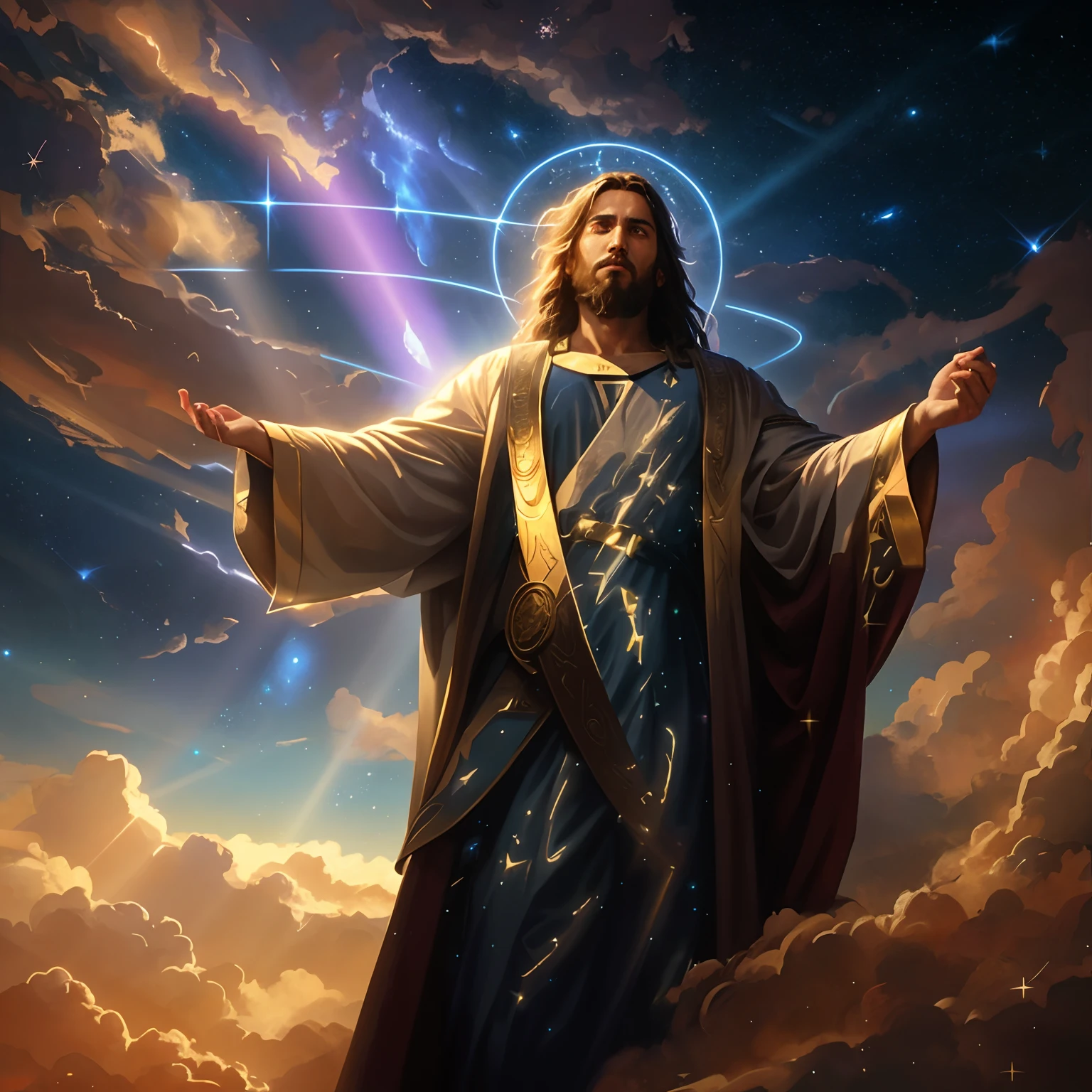 jesus holding a glowing star in his hand in the sky, concept art of god, jesus christ in mass effect, cyberpunk jesus christ, young almighty god, jesus christ, by Justin Gerard, holy sacred light rays, glowing god rays, 4k highly detailed digital art, by Alexander Kucharsky, on cosmic cloudscape, beeple and jeremiah ketner