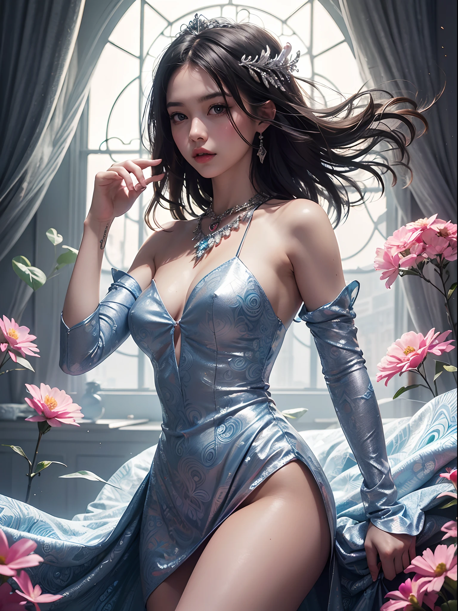 Unbeatable masterpiece, Ultra photo realsisim, Perfect artwork, Intricate details, Best quality, Strong light , High contrast, Dynamic pose, Dutch angle , Flat color , (Colorful:1.1) , (Negative space:1) , Tyndall effect , Light background , Flowers , Bubble , (zentangle:1.3) , 1girll , solofocus , classical , Noble , Princess , 鎖骨 , necklace , decorations , (Blush:0.5) , thigh band , Bare shoulders , Barefoot , Bare back , Shiny skin , Shiny hair , dress , Long hair ,