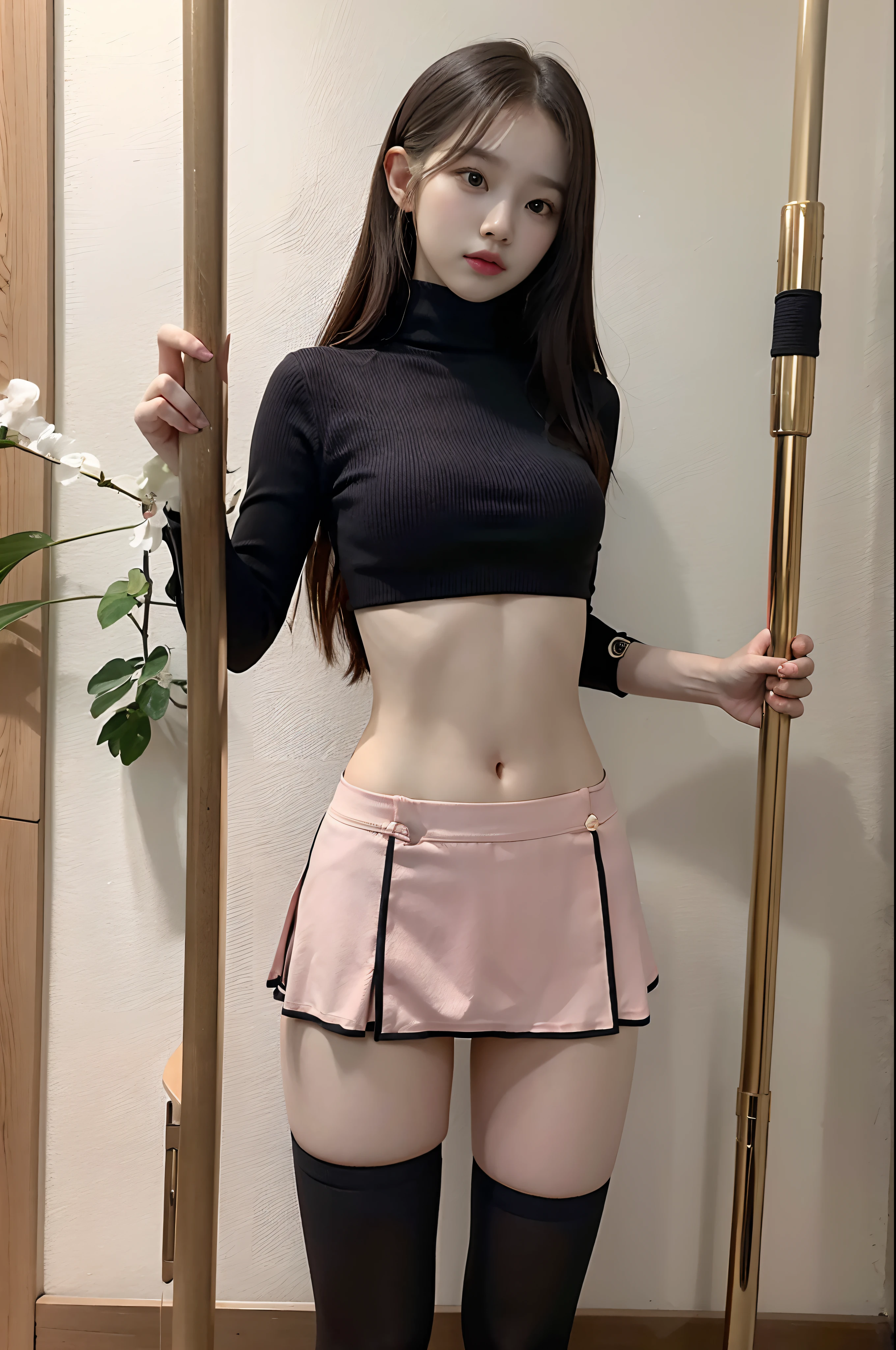 1 girl, full body view, kim chaewon as a sexy elf archer, kim chaewon in a fantasy city, kim chaewon is a petite young archer girl, kim chaewon, petite girl, small breast, petite figure, long hair, archer suit, short low-waist skirt, low waist skirt, exposed, midriff exposed, small tits, ((thin-waist)), a small face