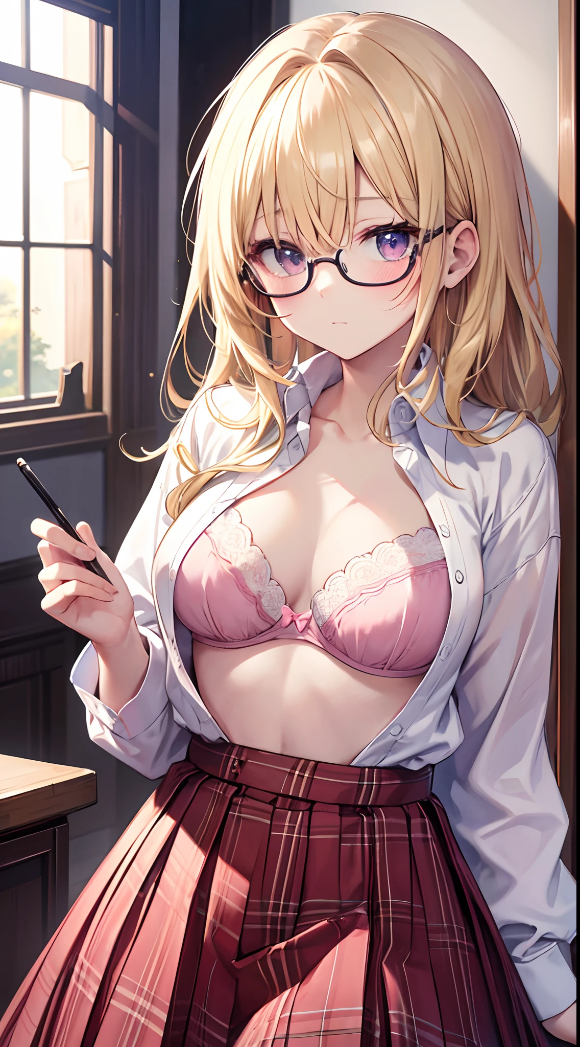 masterpiece, top-quality, hight resolution, SA1, blonde hair, eye glasses, 校服, white shirt, skirt by the, plaid skirts, open-shirt, Pink bra,perfect hand, shy expression,
