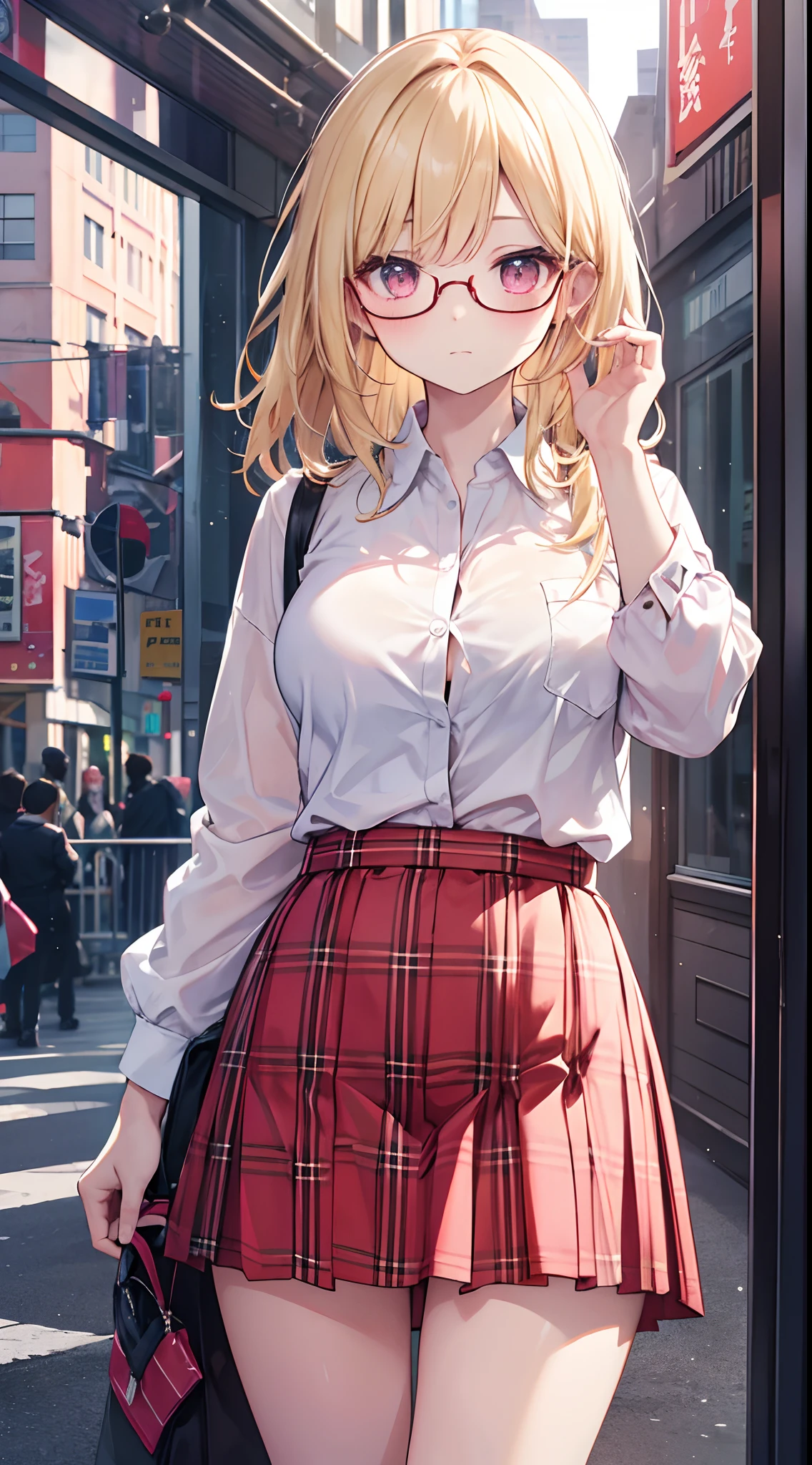 masterpiece, top-quality, hight resolution, SA1, blonde hair, eye glasses, 校服, white shirt, skirt by the, plaid skirts, open-shirt, Pink bra,perfect hand, shy expression,