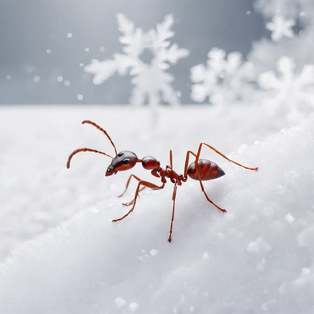 an ant standing on the snowy land with snowflakes dropping from the air