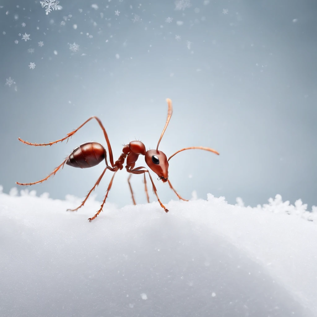 an ant standing on the snowy land with snowflakes dropping from the air