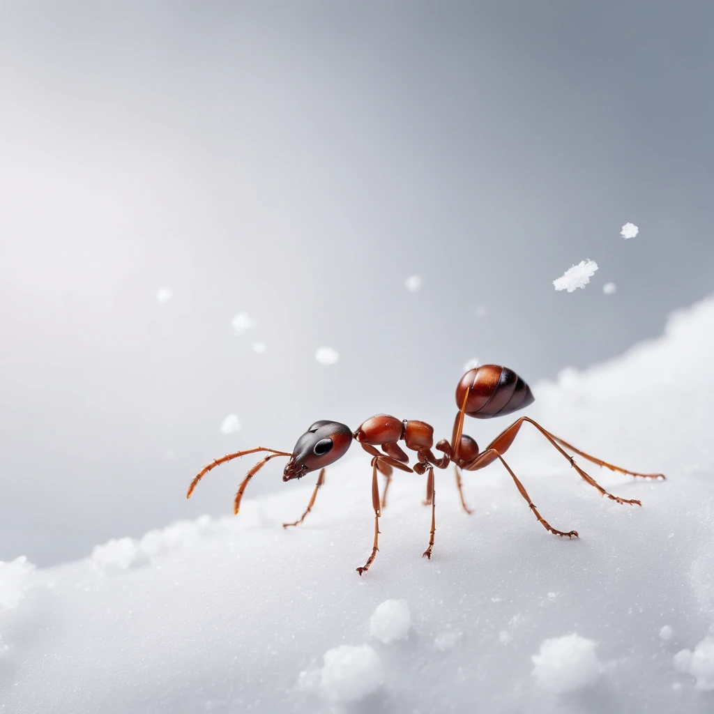 an ant standing on the snowy land with snowflakes dropping from the air
