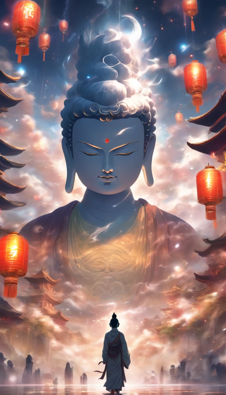 China-style,In the distance, A huge tall Buddha statue stands in space,Gaze at the earth,Standing Buddha statue,with light glowing,Glow effects,Pilgrims on the road,Hyper-realistic,Ultra photo realsisim,Real Photographics,8K,High definition,high qulity,Works of masters,super-fine,Chinese black and white ink style,(((white colors))),Decolorization,Smudge,ink,8K,super-fine,high qulity,(((OC renderer)))