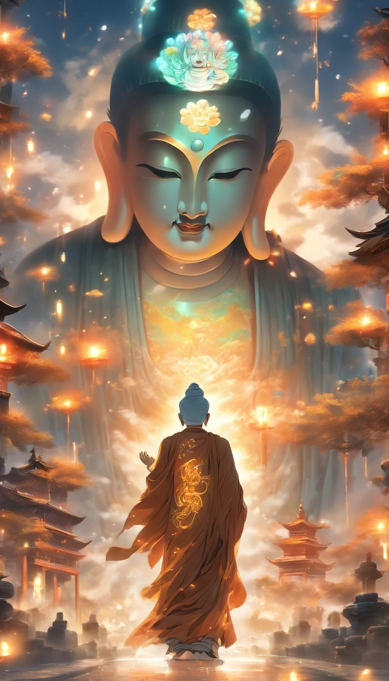 China-style，In the distance, A huge tall Buddha statue stands in space，Gaze at the earth，Standing Buddha statue，with light glowing，Glow effects，Pilgrims on the road，Hyper-realistic，Ultra photo realsisim，Real Photographics，8K，High definition，high qulity，Works of masters，super-fine，Chinese black and white ink style，（（（white colors））），Decolorization，Smudge，ink，8K，super-fine，high qulity，（（（OC renderer）））