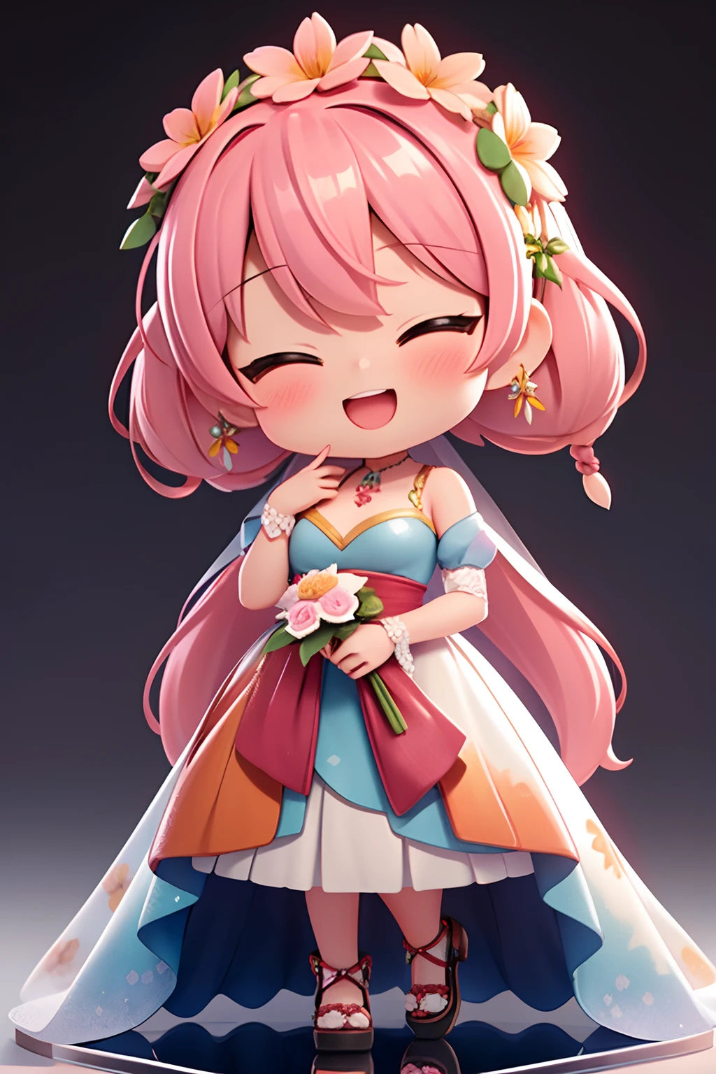 photoRealstic、Nendroids in wedding dress standing in front of the painting、Smiling with open mouth but embarrassed、watercolor Nendoroid、(High Definition Figure)、Flowing iridescent silk、up of face、Eye Up、Colorcon with heart pattern、Floral dress、There are also flowers in front of the nendroids、flower petals、season!!: 夏天☀ 🍂