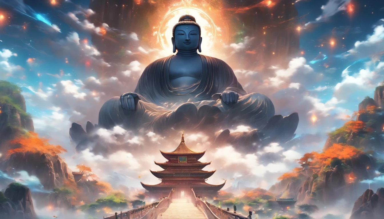 China-style,In the distance, A huge tall Buddha statue stands in space,Gaze at the earth,Standing Buddha statue,with light glowing,Glow effects,Pilgrims on the road,Hyper-realistic,Ultra photo realsisim,Real Photographics,8K,High definition,high qulity,Works of masters,super-fine,Chinese black and white ink style,(((white colors))),Decolorization,Smudge,ink,8K,super-fine,high qulity,(((OC renderer)))