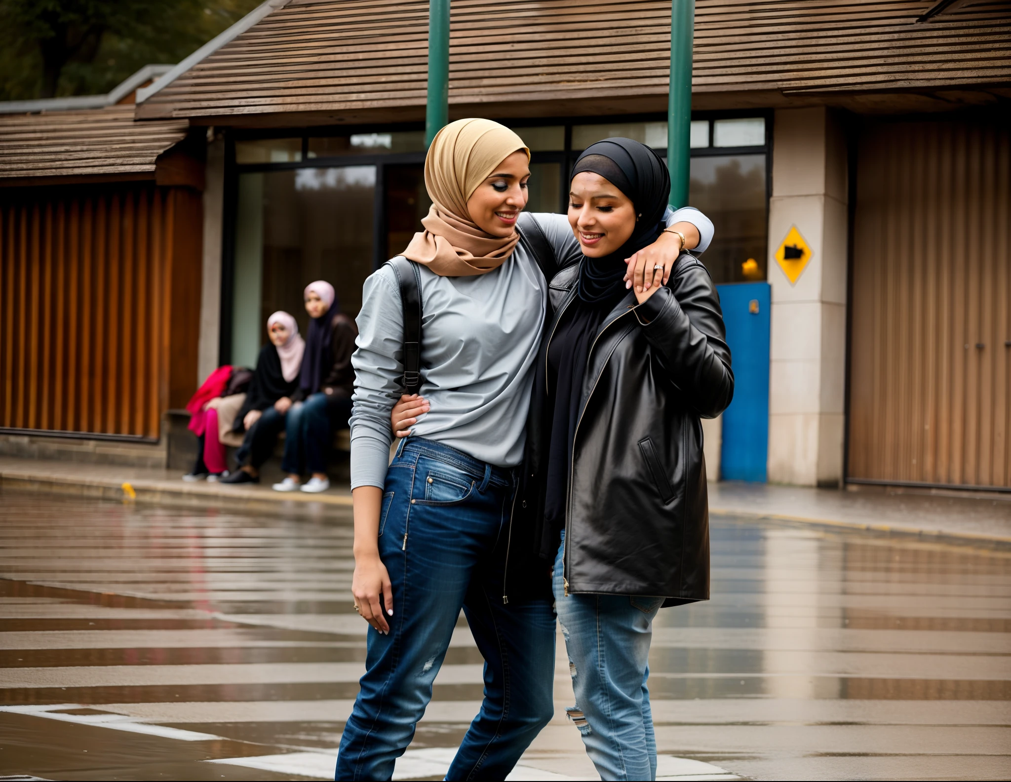 he is wearing rough cotton jeans, he has matte cotton jeans on, there is a love couple standing in love on the street, a muslim woman in a laquered puffy coat, a muslim woman with a shiny headscarf and a laquered downcoat, they are standing very close together, she looks at him in love, his hand is lying on her shoulder, arm-in-arm, she has her hand around his waist, she is wearing shiny leather pants, she is grabbing his waist, a shorthaired man in a matte tanktop and rough jeans, a shorthaired blond man in rough jeans, a muslim woman in shiny leather pants, a shorthaired blond man in a matte tanktop, a hijabi woman with a very enamored facial expression, a muslim woman in a high shine black down-coat, they are standing arm-in-arm, there is a headscarfed attractive woman wearing a high-shine down-coat, a wetlook puffer-coat, a muslim woman is dreaming with an enamored facial expression, a muslim woman is holding her shorthaired loverboy, there is a boy in rough jeans and a matte tanktop hugging a headscarfed woman that is wearing a very shiny padded laquered coat, a shorthaired blond boy has an enamored facial expression, there is a muslim woman hugging her shorthaired loverboy, a enamored blond and shorthaired boy is standing very close together with a woman with hijab, he grabs her shoulder, he has his arm around her shoulder, his hand is on her shouder, a enamored looking hijabi woman ia carrying her loverboy, masterpiece, jeans, boy in a matte cotton tanktop, super detailed background, detailed face, brown eyes, enamored expressions, love scene, loving pose, enamored pose, dramatic pose, hands detailed hands, fingers:5, they are walking in the street together in the rain