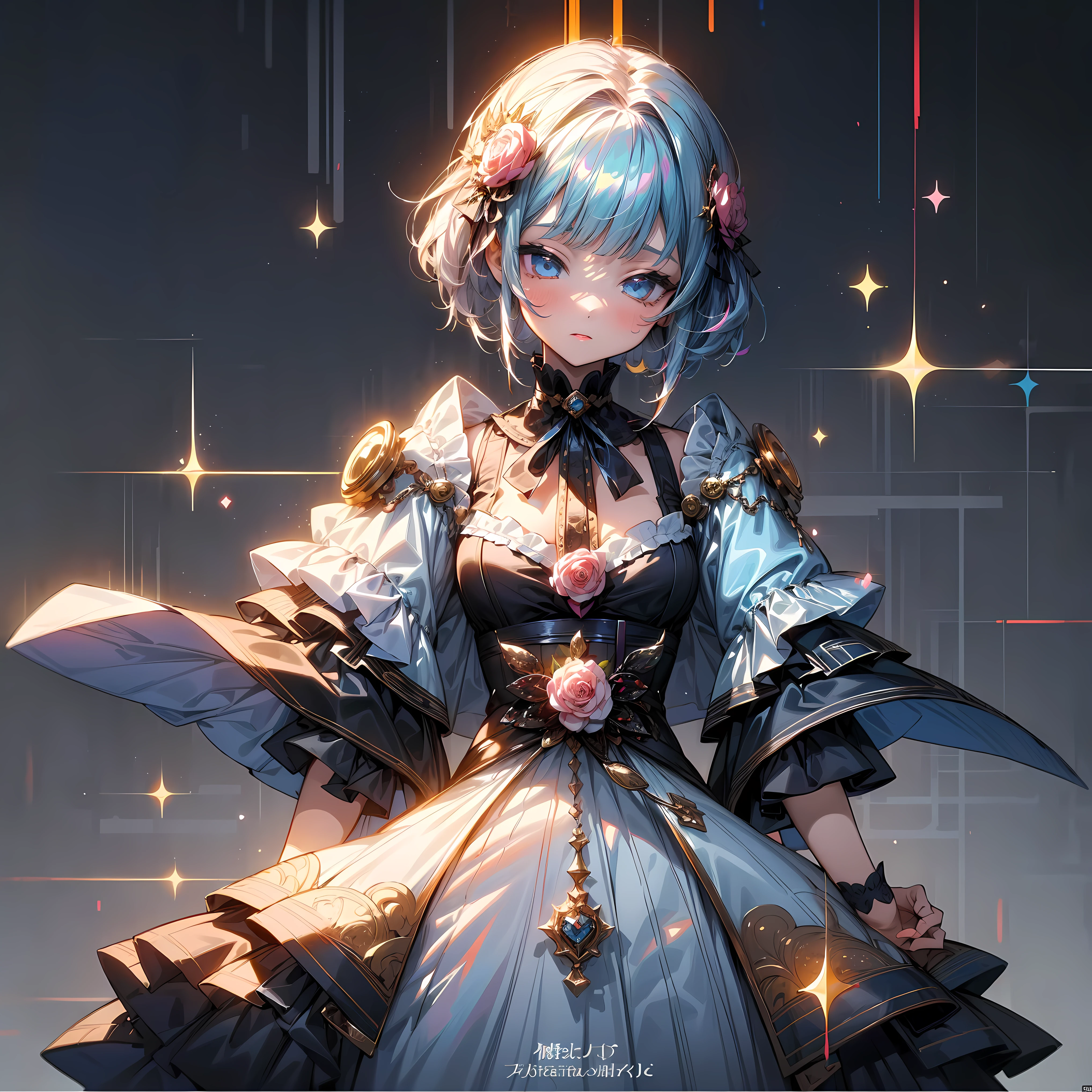 (masterpiece、top-quality、top-quality、niji style, mijiDetailed and complex、Official art、Beautifully Aesthetic:1.3)、(1girl in:1.3)、(Fractal Art:1.3)、colourfull、Vivid、Victorian costume