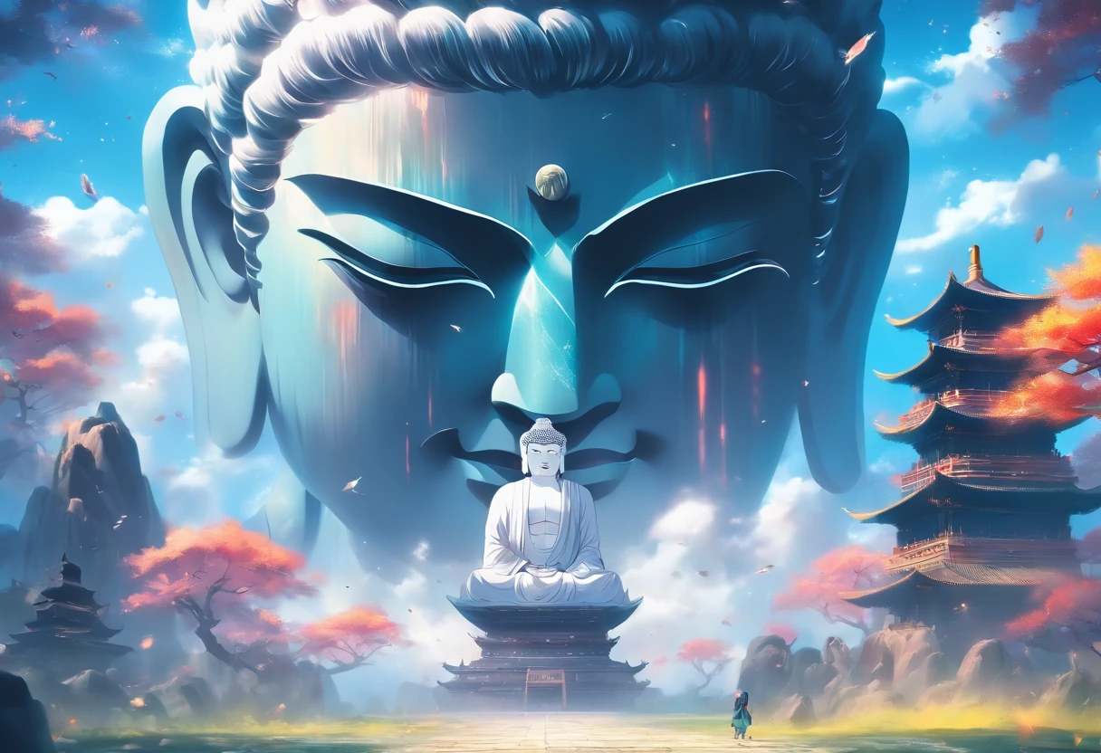 China-style,In the distance, A huge tall Buddha statue stands in space,Gaze at the earth,Standing Buddha statue,with light glowing,Glow effects,Pilgrims on the road,Hyper-realistic,Ultra photo realsisim,Real Photographics,8K,High definition,high qulity,Works of masters,super-fine,Chinese black and white ink style,(((white colors))),Decolorization,Smudge,ink,8K,super-fine,high qulity,(((OC renderer)))
