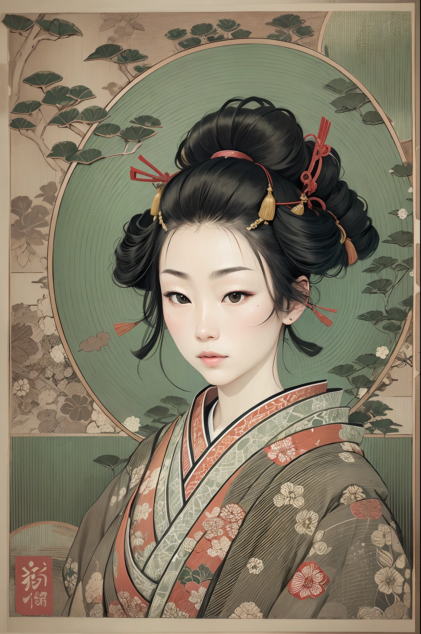 Sharaku,Portrait of a woman,it is centered in the middle of the image, some Japanese effects and embellishments scattered throughout the photo