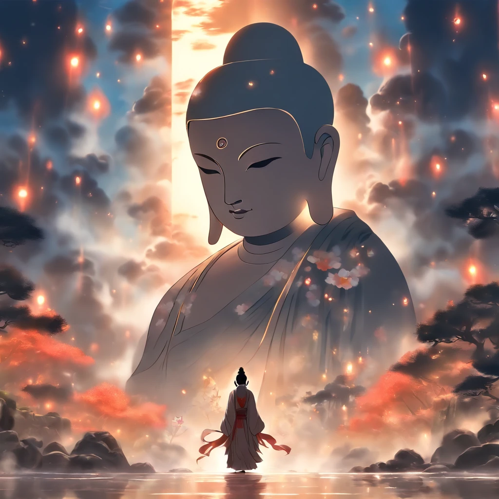 China-style，In the distance, A huge tall Buddha statue stands in space，Gaze at the earth，Standing Buddha statue，with light glowing，Glow effects，Pilgrims on the road，Hyper-realistic，Ultra photo realsisim，Real Photographics，8K，High definition，high qulity，Works of masters，super-fine，Chinese black and white ink style，（（（white colors））），Decolorization，Smudge，ink，8K，super-fine，high qulity，（（（OC renderer）））