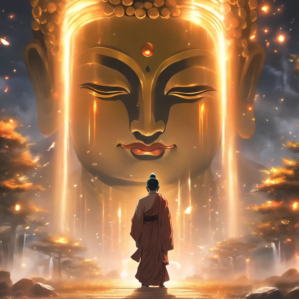 China-style,In the distance, A huge tall Buddha statue stands in space,Trust in an ergonomic proportion,There are five fingers on each of the left and right hands,Gaze at the earth,Standing Buddha statue,with light glowing,Glow effects,Pilgrims walking on the road face the Buddha statue,Hyper-realistic,Ultra photo realsisim,Real Photographics,8K,High definition,high qulity,Works of masters,super-fine,(Chinese color ink painting style),(((white colors))),Smudge,ink,(Movie lighting),(light and shadow effect),(Unreal 5),(8K resolution),(Masterpiece),super-fine,high qulity,rendering by octane,glitter effects,(((OC renderer)))