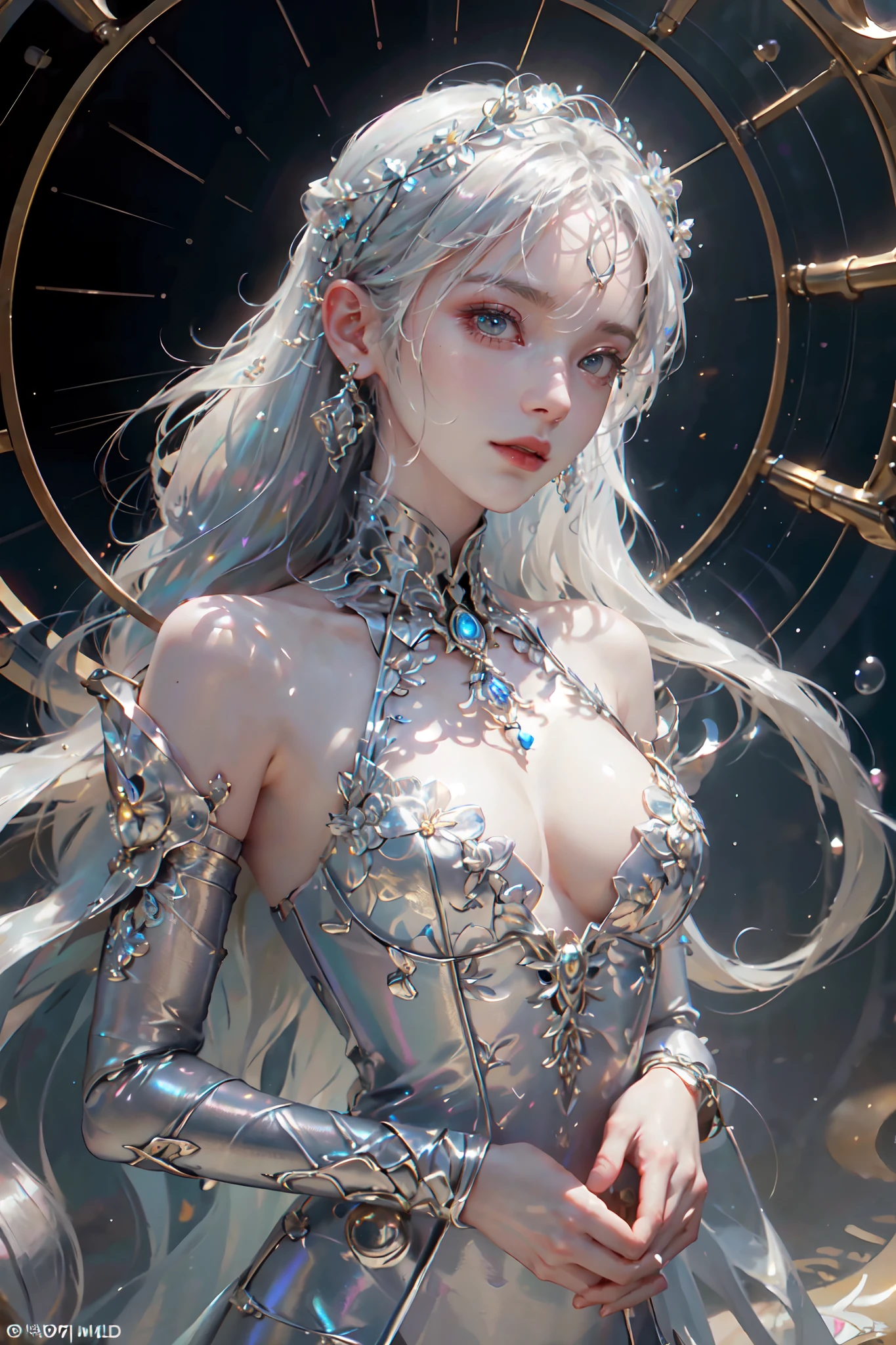 8K，tmasterpiece，best images quality，photore，sportrait，Complex 3D rendering of beautiful and charming biomechanical female robot，Has a porcelain finish、simulating、Beautiful natural light、rim-light、1 5 0 mm lens、an aztec warrior、feater、nipple piercing、Aztec tattoo、flor branca、Vanilla leaves and stems、Meandering roots、white blossoms、Fine-leaved lace、steampunc、Silver-gold filigree detailing、alexander mcqueen haute couture、Pearl earrings、Art Nouveau embroidery、Hexagonal network cable、Mandelbro fractal、face muscles、cable wires、micro Chip、ellegance、Beautiful natural light, Studio lights, rim-light, The is very detailed, ultra-realistic realism, Sharp, rendering by octane, HR Giger style, Volumetriclighting, 8 k post production, ，[sci-fy：fanciful：0.6]cinmatic lighting，detailedbackground，at centre，Michael Bay style，insane detailed，k hd，concept-art，number art，with dynamism，（The most beautiful art in the world：1.2），（V0id3nergy：1.3）Proper body proportion、perfect anatomia（Translucent body，Reflex the skin）