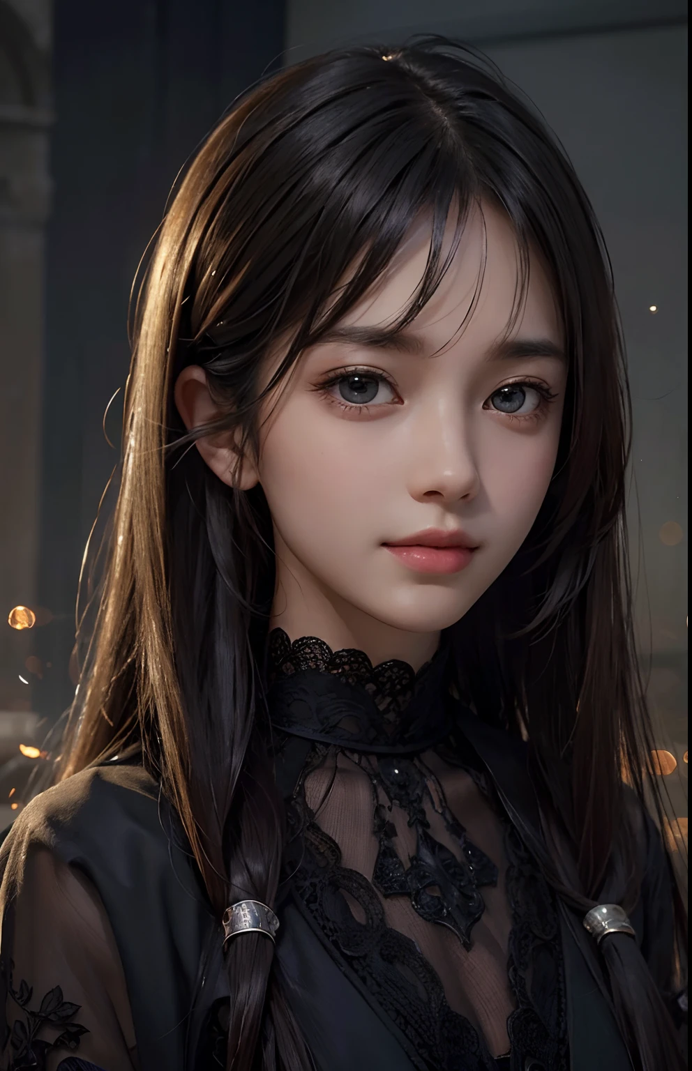(Ultra Realistic), (Illustration), (Increased Resolution), (8K), (Extremely Detailed), (Best Illustration), (Beautiful and Detailed Eyes), (Best Quality), (Ultra Detailed), (Masterpiece ), ( wallpaper), (detailed face), solo, 1 girl, looking at viewer, fine details, detailed face, in the dark, deep shadows, low key, pureerosfaceace_v1, smiling, long hair, black shawl straight hair , 46 points oblique bangs