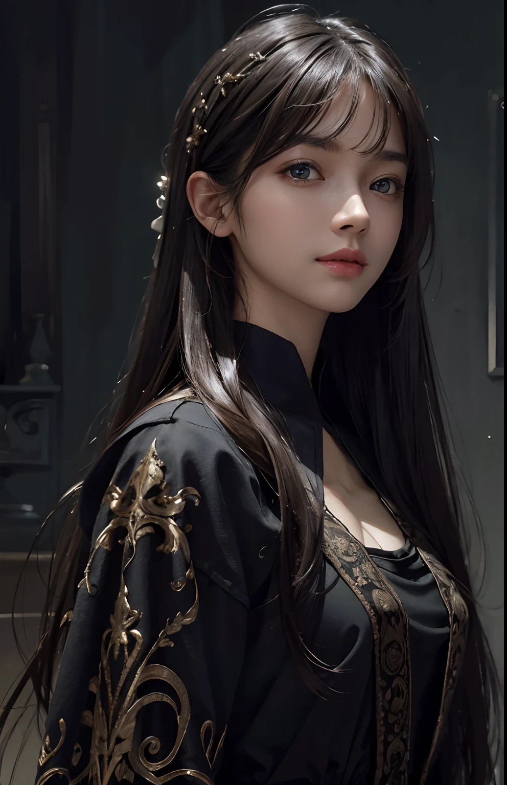 (Ultra Realistic), (Illustration), (Increased Resolution), (8K), (Extremely Detailed), (Best Illustration), (Beautiful and Detailed Eyes), (Best Quality), (Ultra Detailed), (Masterpiece ), ( wallpaper), (detailed face), solo, 1 girl, looking at viewer, fine details, detailed face, in the dark, deep shadows, low key, pureerosfaceace_v1, smiling, long hair, black shawl straight hair , 46 points oblique bangs