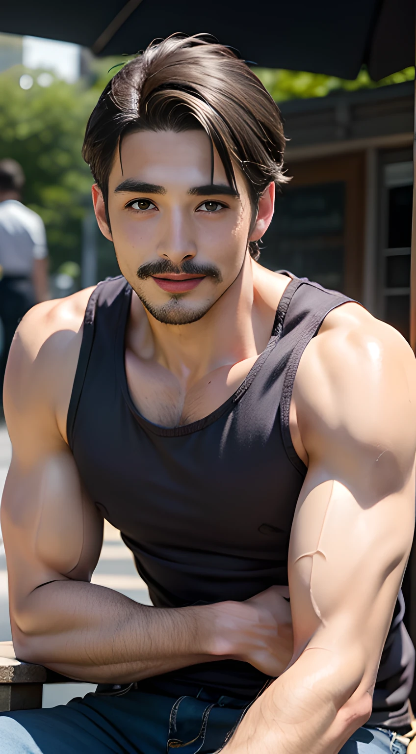 ( masterpiece) , Realistic, Portrait of a young muscular man, Insanely handsome face, sunlight, Cinematic Light, Disheveled windblown hair, Amazingly handsome man, Beautiful Eyes, Perfect Anatomy, Very masculine , Tanned golden skin, Prince Hazel Eyes, ( Frame your head) , Stylized, 8 Life-size, 8k resolution, Dressed in stylish clothes, resting on the terrace of a cafe, Looking into the distance, Human hand, Strangely rich and masculine, Full body view, dynamic, Very masculine, Character Sheet, Concept Art, Smooth and distant