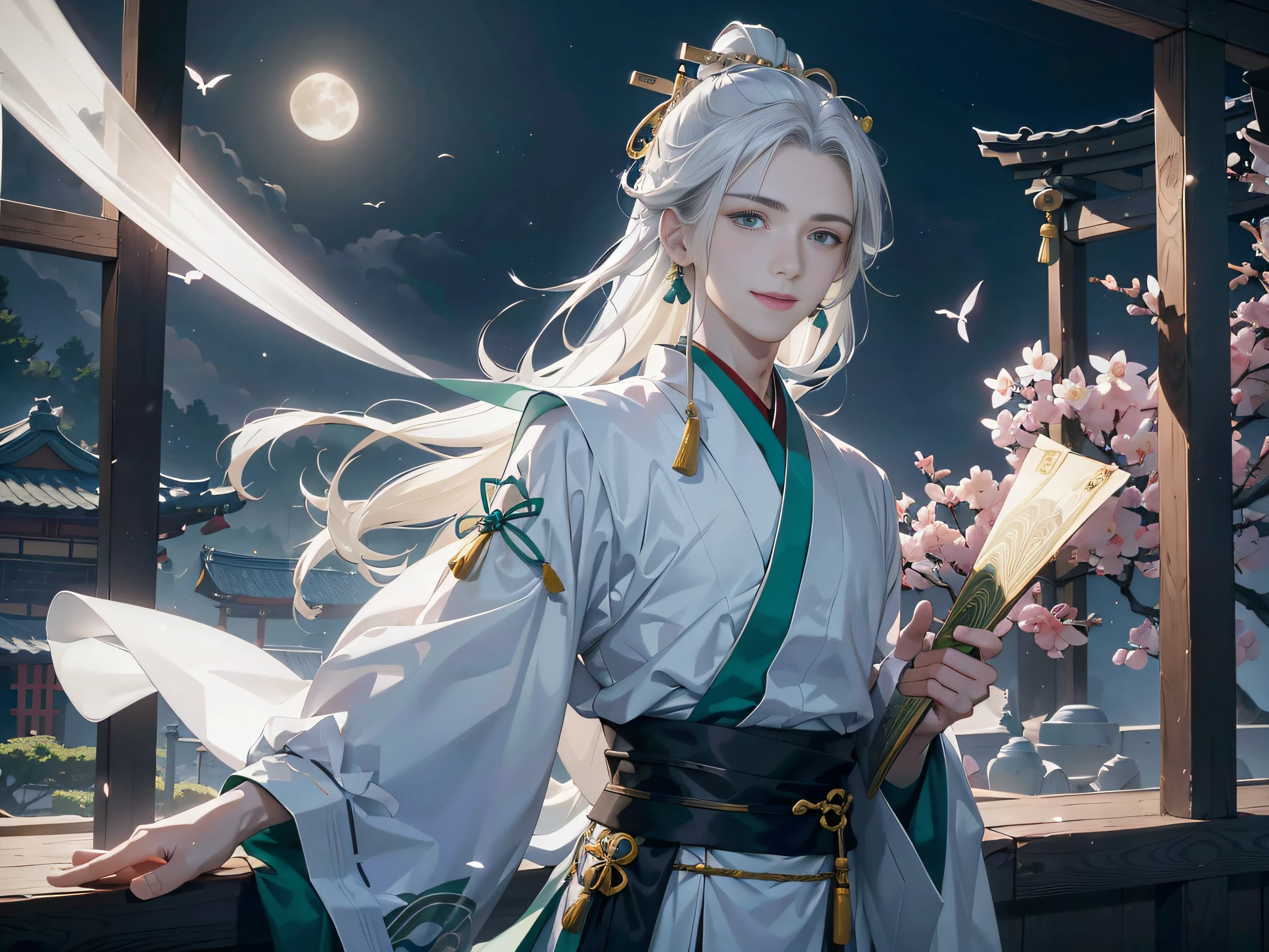 tmasterpiece,Ultra-clear image quality,1 man,20yr old,,White color hair,Hanfu,Greet with a smile,Long hair flowing away,Green eyes,ssmile,Neat hair,correct hand,No earrings,Don't bow,Pale green hanfu,Look up at the perspective,,Background with:Inside the moonlit garden,
