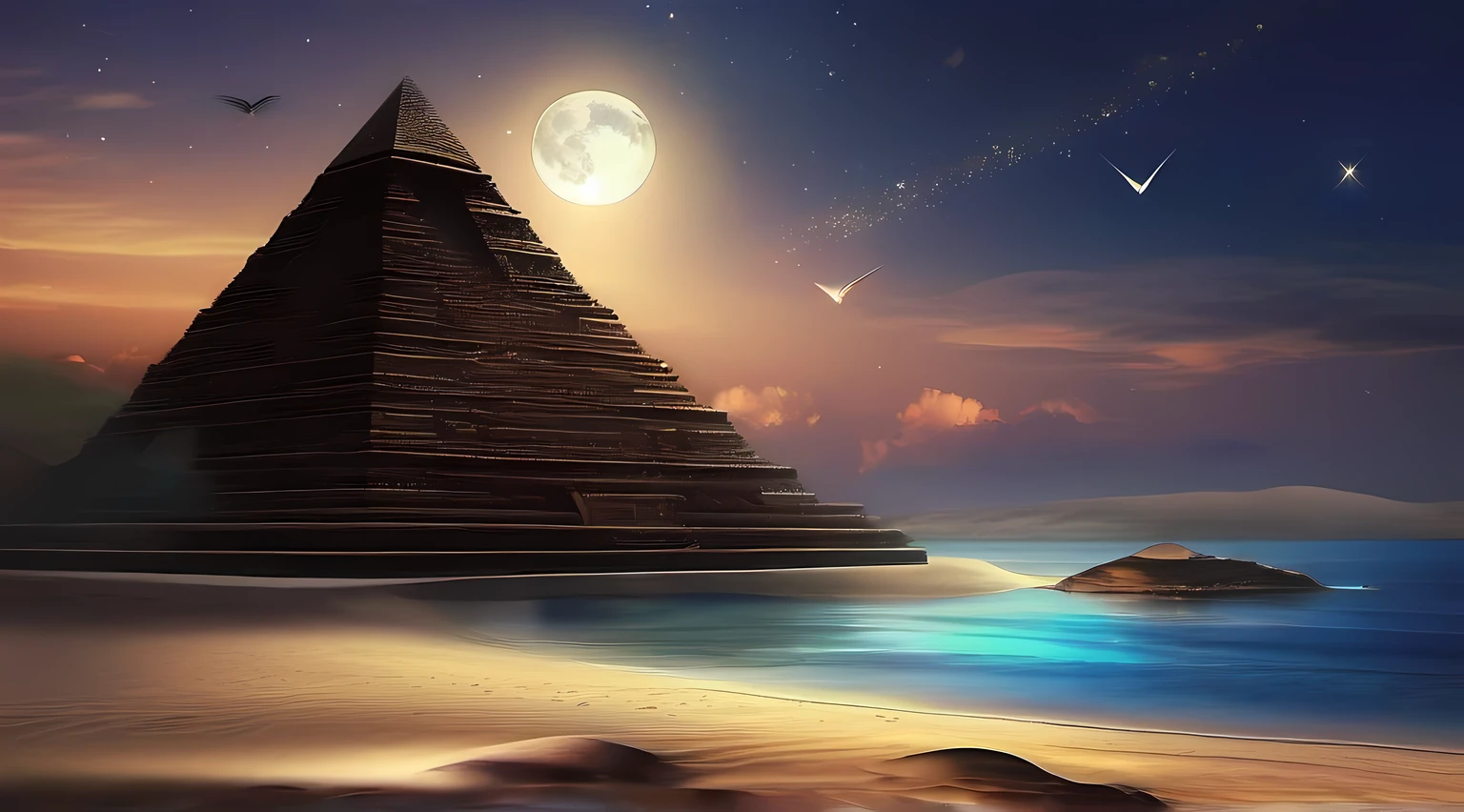 uninhabited island、Pyramid-shaped uninhabited island、sand beach、Mare、the ocean at night、moonlights、Moonlight illuminates the top of the pyramid、fullmoon、starrysky、stele、shooting stars、Meteor swarm、