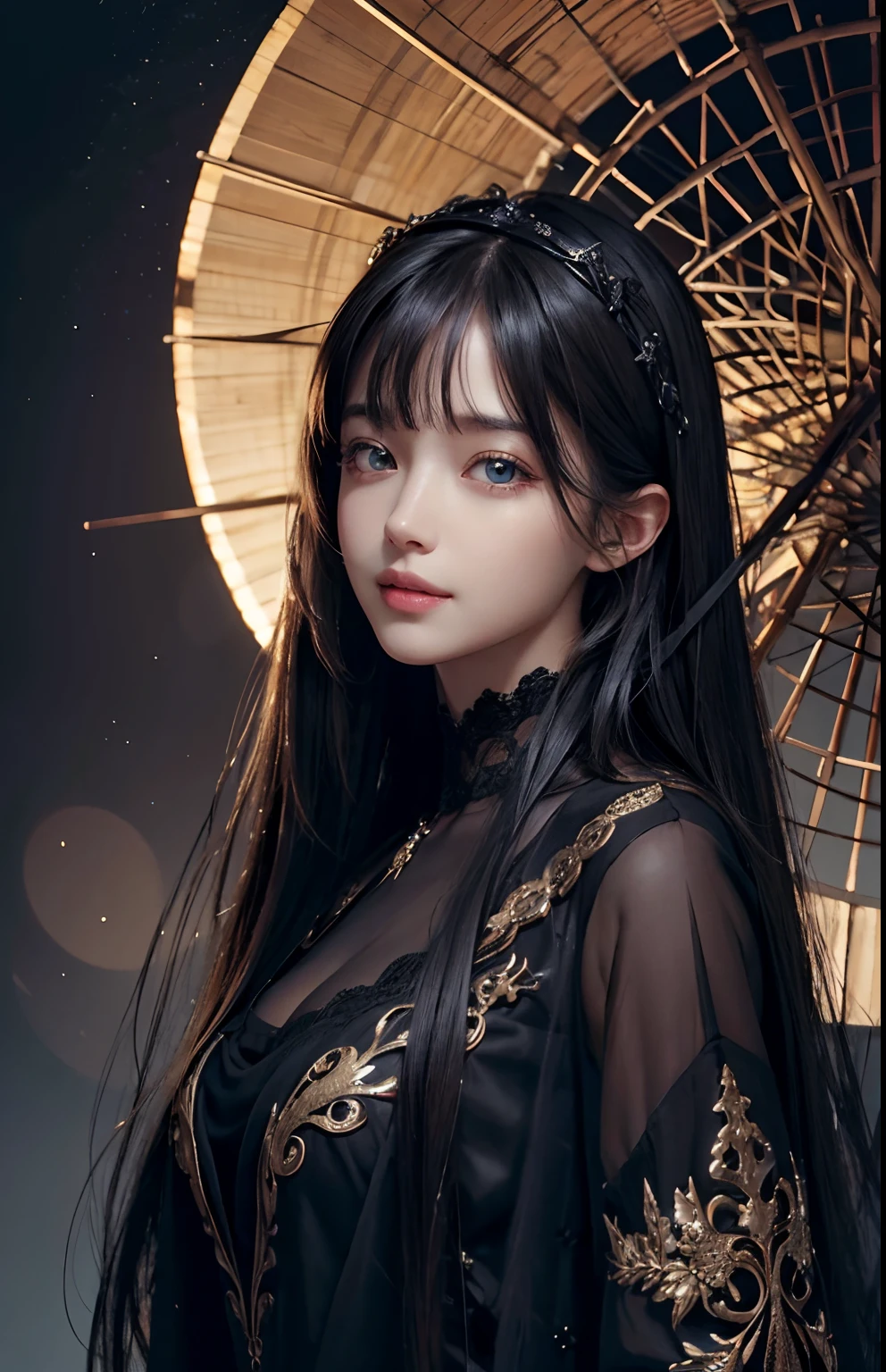 (Ultra Realistic), (Illustration), (Increased Resolution), (8K), (Extremely Detailed), (Best Illustration), (Beautiful and Detailed Eyes), (Best Quality), (Ultra Detailed), (Masterpiece ), ( wallpaper), (detailed face), solo, 1 girl, looking at viewer, fine details, detailed face, in the dark, deep shadows, low key, pureerosfaceace_v1, smiling, long hair, black shawl straight hair , 46 points oblique bangs