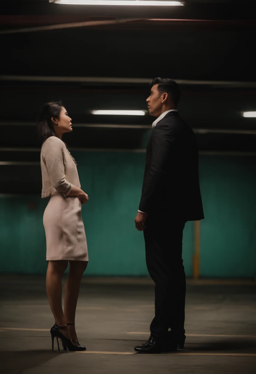 Man and woman standing in parking lot,Cinematic texture,Still,Real Human,underground room,Asian people