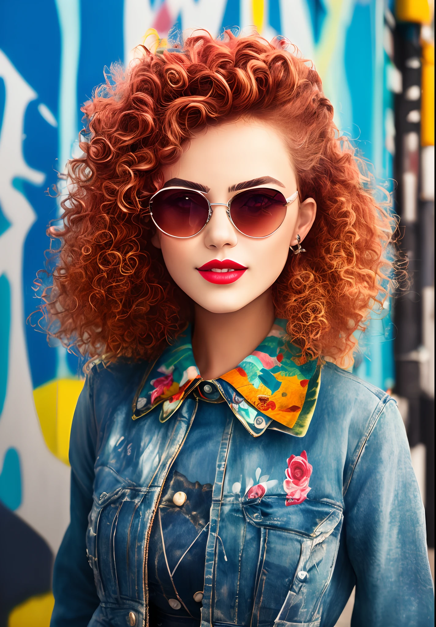 (best quality,4k,8k,highres,masterpiece:1.2),ultra-detailed,(realistic,photorealistic,photo-realistic:1.37),portrait,girl,beautiful detailed eyes,beautiful detailed lips,extremely detailed eyes and face,long eyelashes,ruby red lipstick,rosy cheeks,vibrant colors,natural sunlight,soft lighting,figurative art,high fashion,urban setting,bustling city street,stylish outfit,flowing dress,street art backgrounds,colorful murals,graffiti walls,trendy accessories,sunglasses,confident expression,curly flowing hair,cityscape,upbeat atmosphere,energetic and vibrant,modern and chic,positive and glamorous