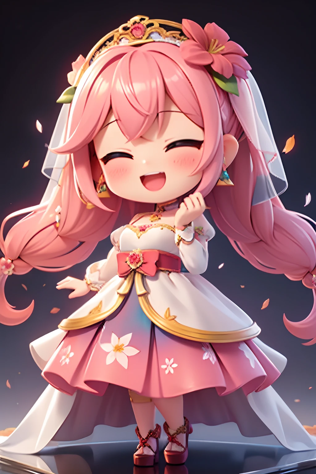 photoRealstic、Nendroids in wedding dress standing in front of the painting、Smiling with open mouth but embarrassed、watercolor Nendoroid、(High Definition Figure)、Flowing iridescent silk、up of face、Eye Up、Colorcon with heart pattern、Floral dress、There are also flowers in front of the nendroids、flower petals、season!!: 夏天☀ 🍂
