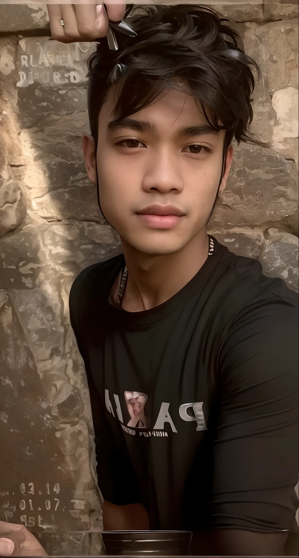 a close up of a man with a black shirt and a brick wall, potrait, old picture, with accurate face, ayan nag, very very low quality picture, thawan duchanee, from 8 k matte, picture, with kind face, around 1 9 years old, profile picture 1024px, nivanh chanthara, ((portrait))