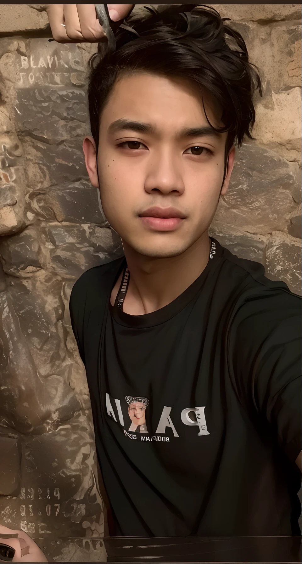 a close up of a man with a black shirt and a brick wall, potrait, old picture, with accurate face, ayan nag, very very low quality picture, thawan duchanee, from 8 k matte, picture, with kind face, around 1 9 years old, profile picture 1024px, nivanh chanthara, ((portrait))