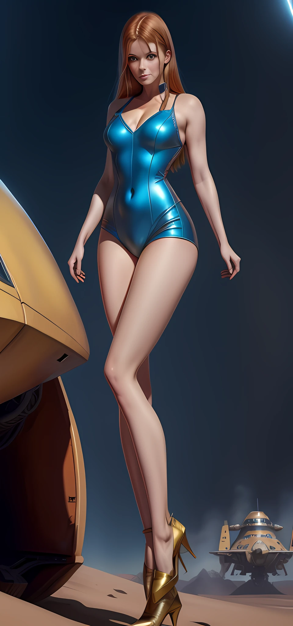 A woman in a spacesuit stands next to a crashed sci-fi spaceship, art trends, realistic female faces, delicate and good-looking faces, matte art, single yellow, looks a bit like Amy Adams, Red Desert Mars, Kylie Minogue as Barbarella, Ian Hubert's style, map Patreon, 70s colors, valerian