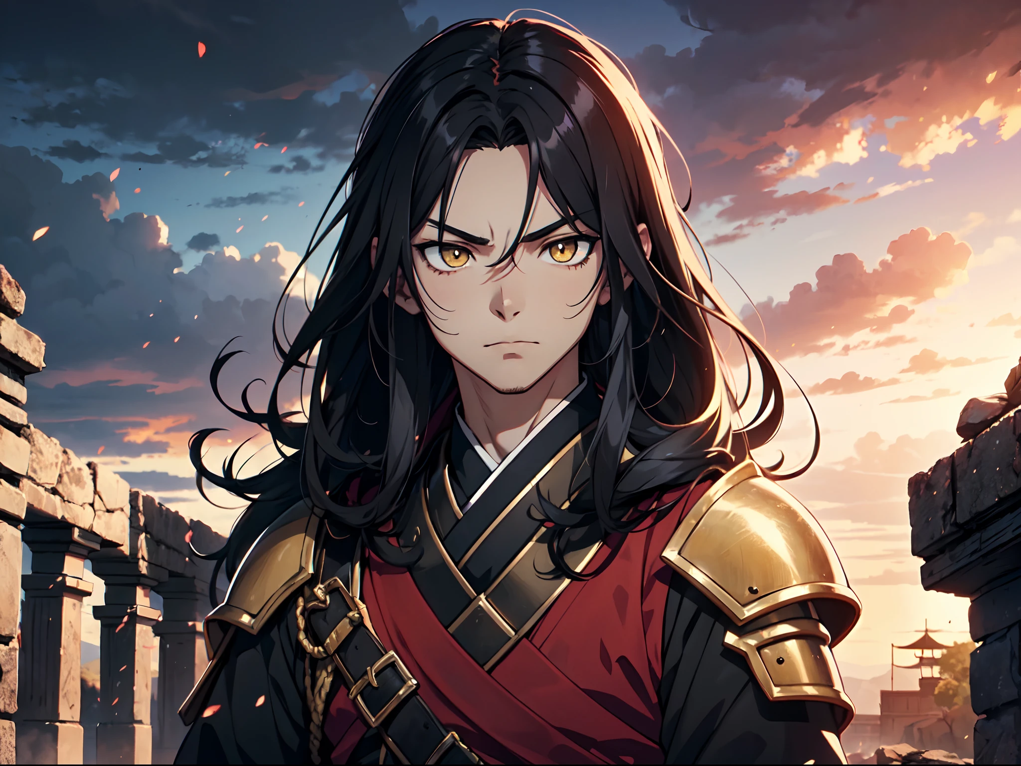1 boy, Kingdom anime, armored with Samurai armor, ultra high definition, 8k, handsome,black and yellow pupil eyes, long black hair, ancient kingdom background