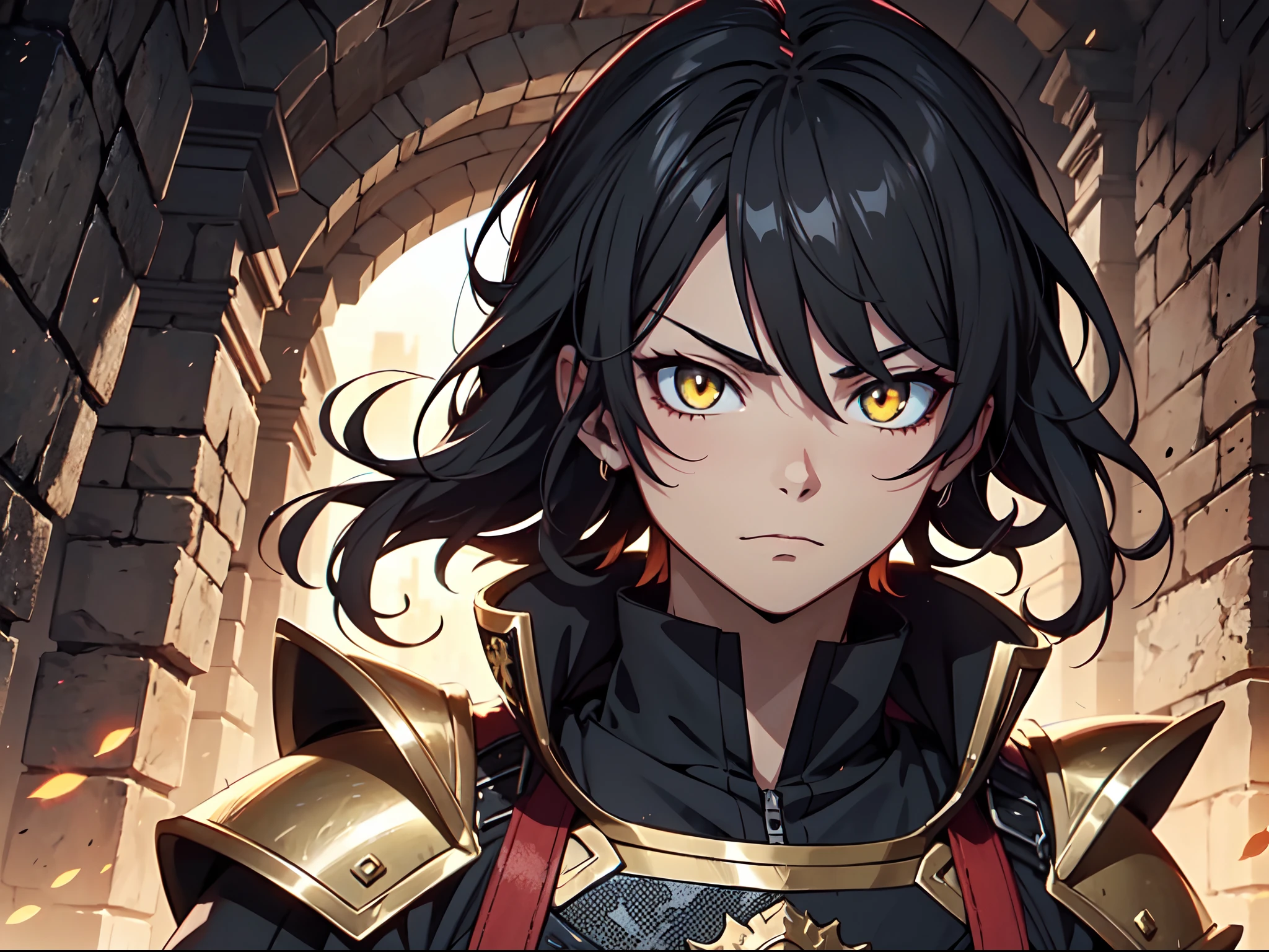 1 boy, Kingdom anime, armored with Samurai armor, ultra high definition, 8k, handsome,black and yellow pupil eyes, long black hair, ancient kingdom background