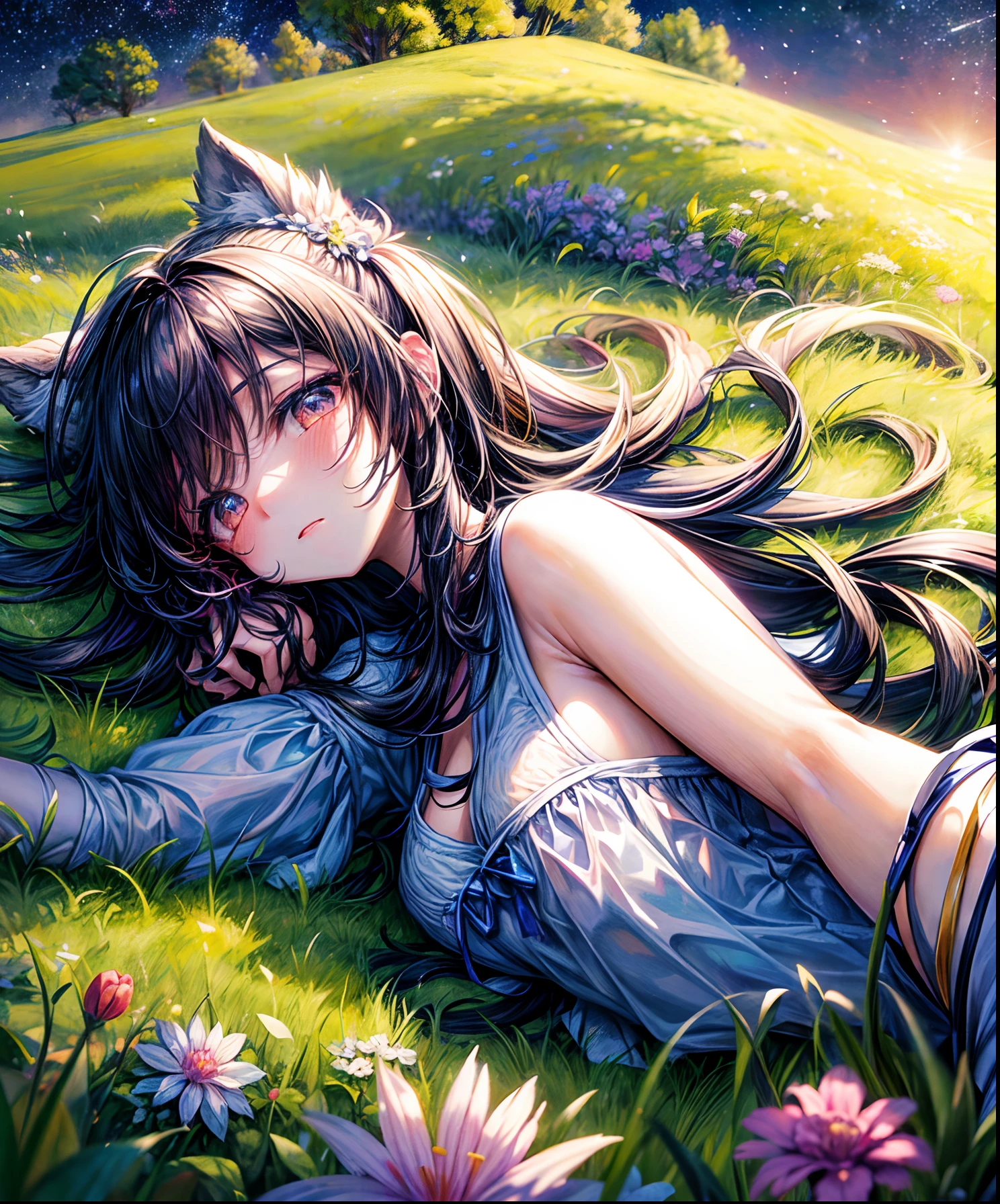 Describe a scene where a cute girl character is lying on a grassy hill, Looking up at the starry sky. Surround her with colorful nebulae and her favorite constellations.