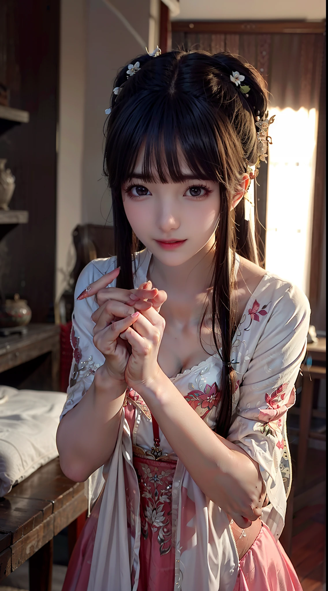 (Best quality,4K,8K,A high resolution,Masterpiece:1.2),Ultra-detailed,(Realistic,Photorealistic,photo-realistic:1.37),Delicate depiction of floral motifs on traditional Chinese gauze dresses, Dynamically capture Tai Chi elements, Flowing fabric, vivid vivid colors, Pastel tones, Soft and dreamy lighting, Focus on exquisite craftsmanship, Dynamic movements, Detailed rendering of intricate floral embroidery, Elegant and elegant gesture, Porcelain-like skin, long pink twintails, soft blue eyes, Subtle and flawless makeup, Surreal wallpapers